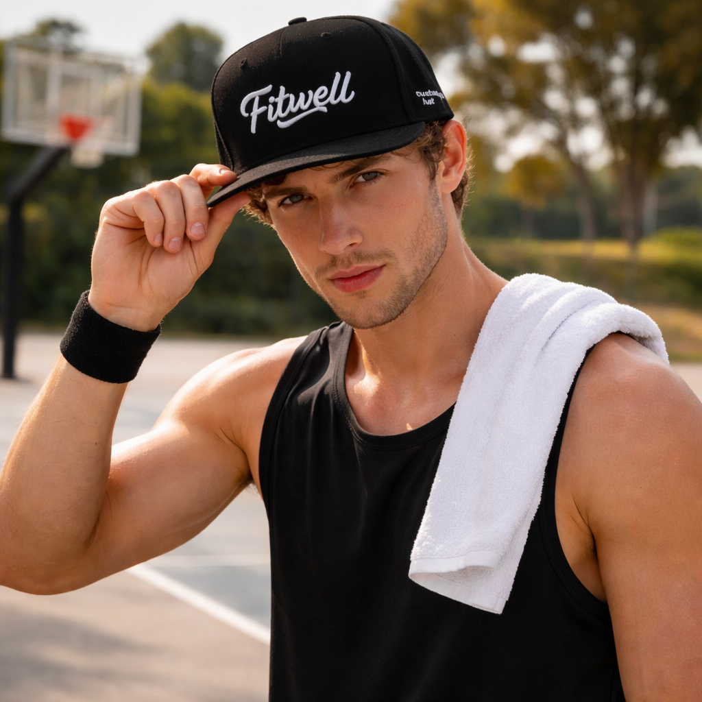 Black 6-Panel Snapback Cap with Raised Script Logo Embroidery
