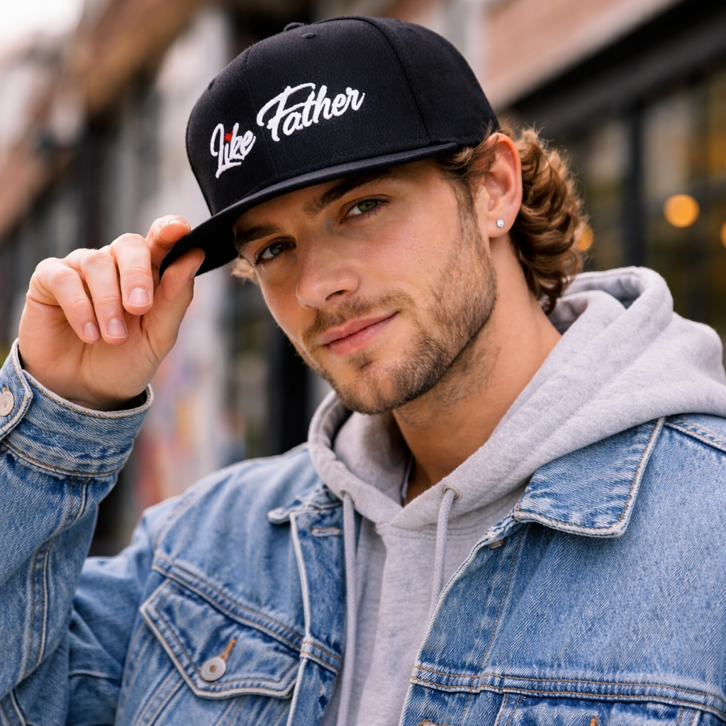 “Like Father” Black Flat Brim Snapback Cap – Bold Statement Headwear