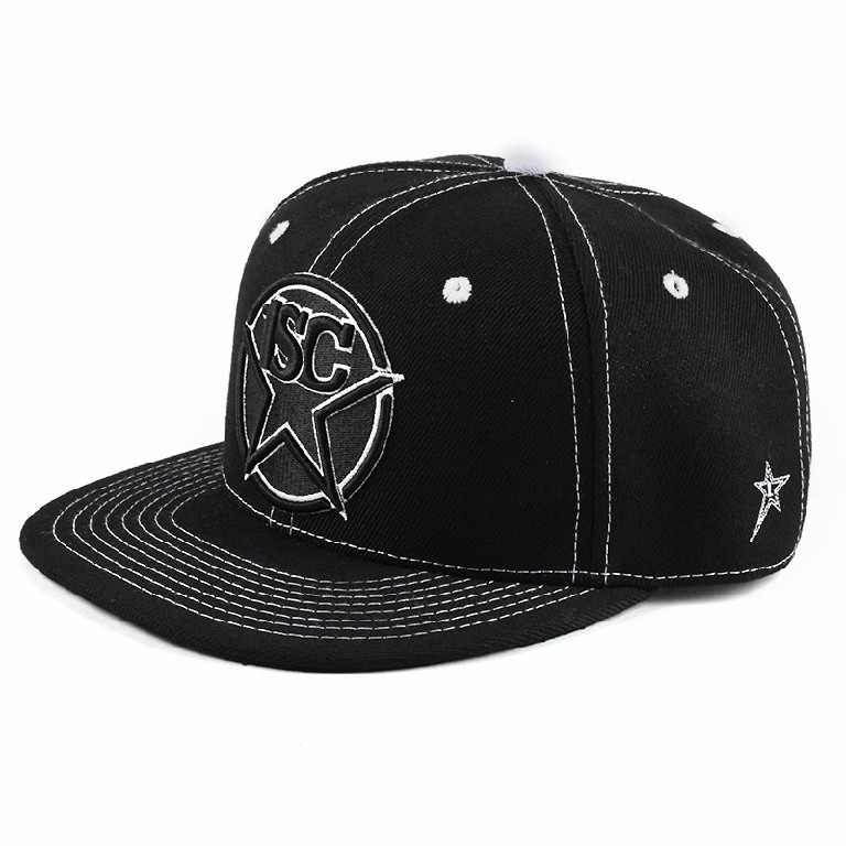 Black Flat Brim Snapback Cap with 3D Star Embroidery – Urban 6 Panel Hat