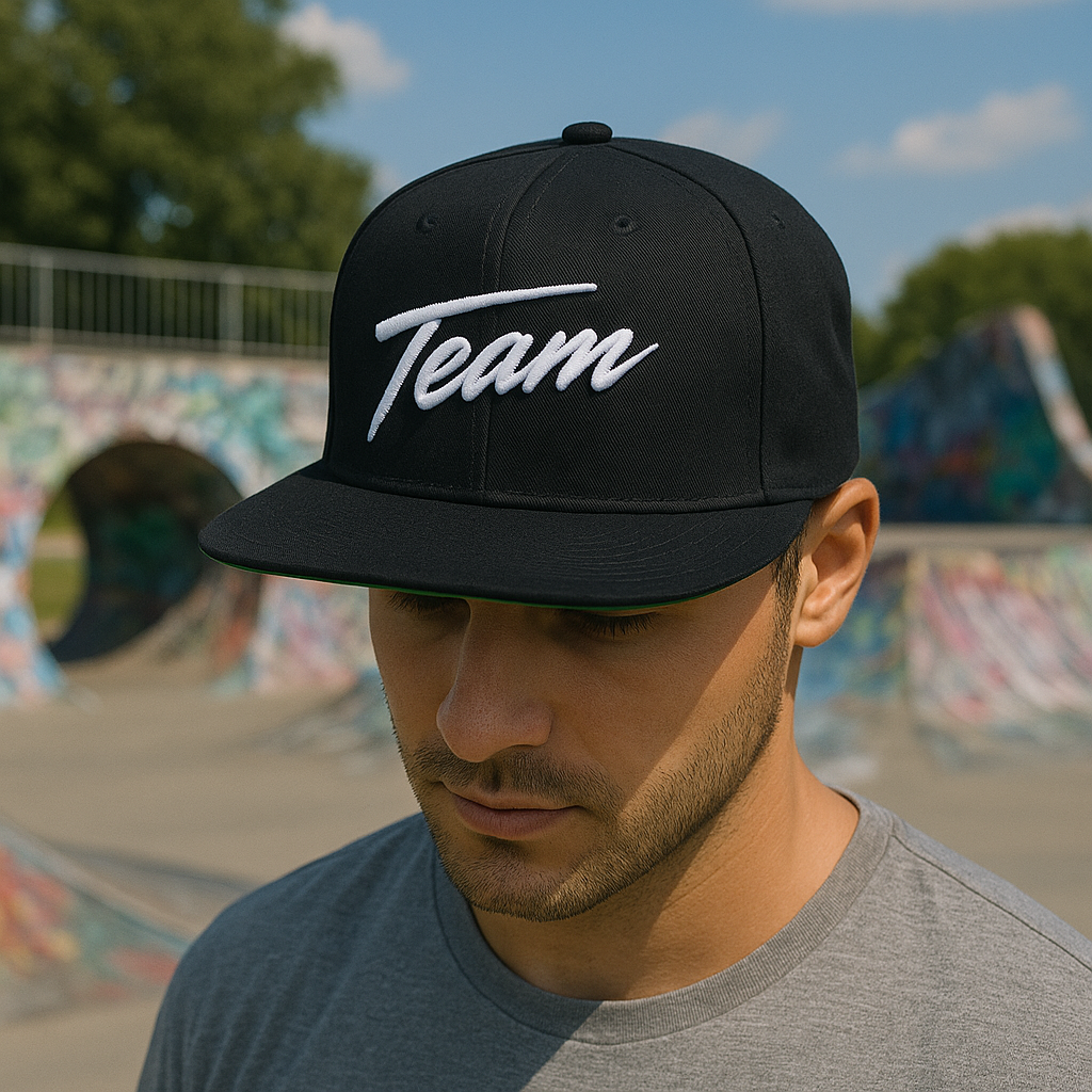 Black Flat Bill Snapback Hat with TEAM Script 3D Embroidery
