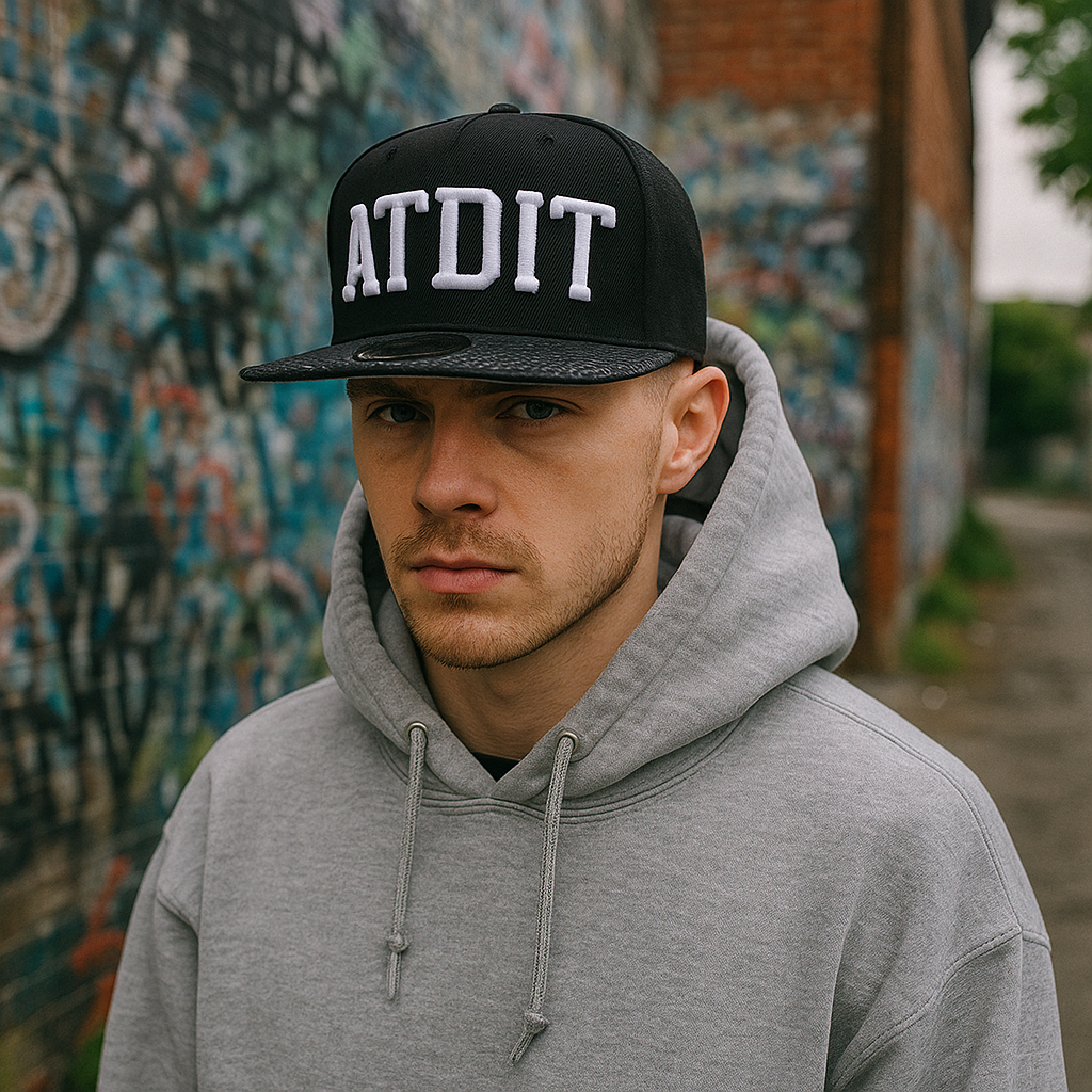 Black Snapback Hat with 3D Embroidered Lettering and Patterned Brim