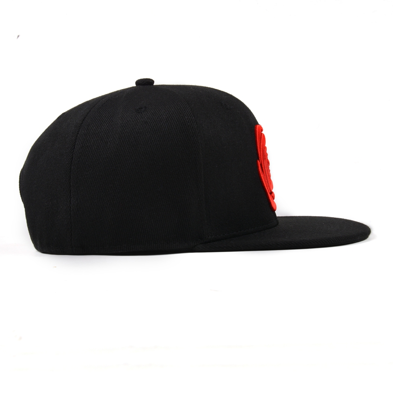 Black 6-Panel Snapback Cap with Bold Rose Embroidery