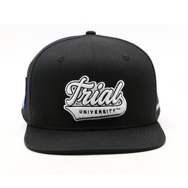 Black Snapback Hat with Trial University 3D Embroidery – Flat Brim Cap