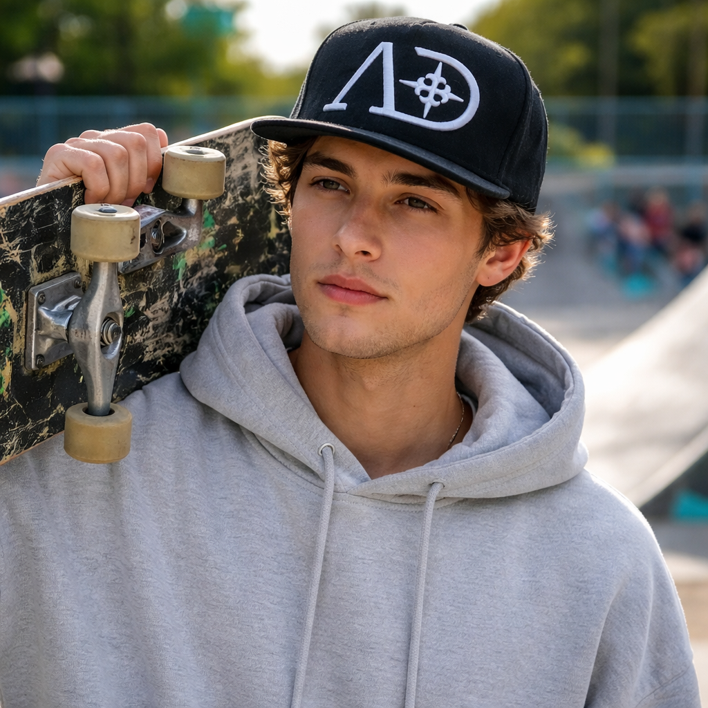 Black 6 Panel Snapback Cap with 3D Embroidered Logo Classic Streetwear Hat