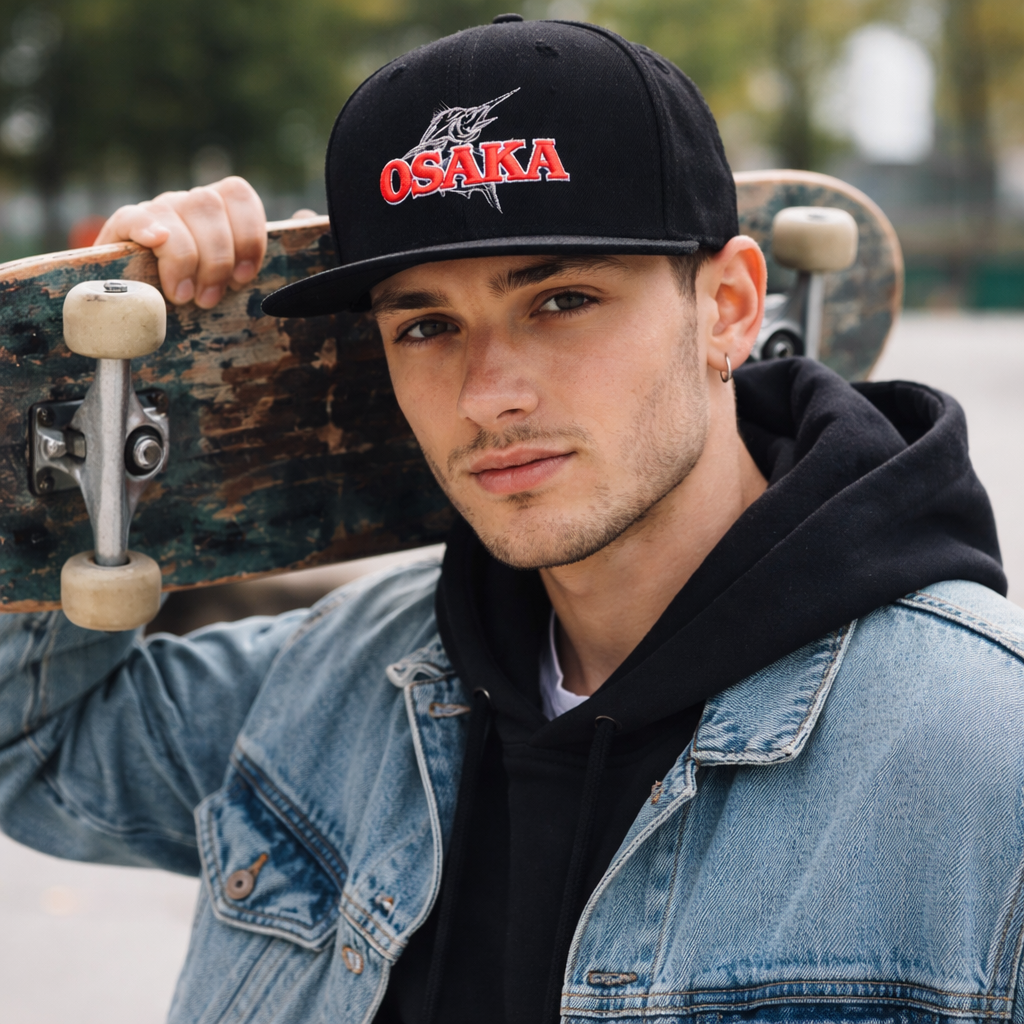 Black Snapback Cap with 3D Osaka Embroidery – 6 Panel Streetwear Hat