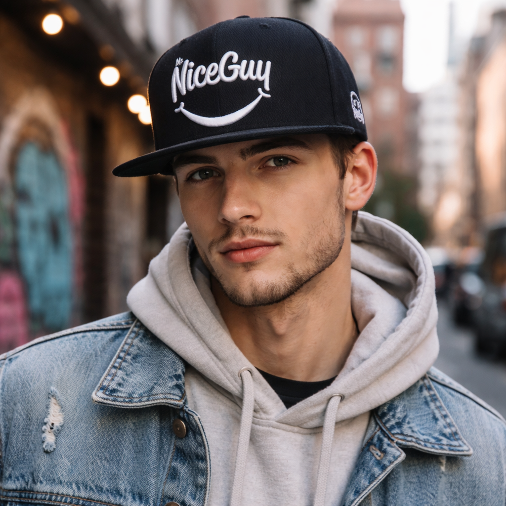 Black 6-Panel Snapback Cap with 3D Embroidered Smile Logo