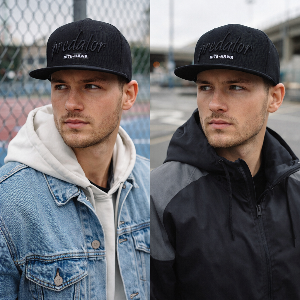 Black Predator Letter Snapback Cap – 3D Embroidered 6 Panel Streetwear Hat