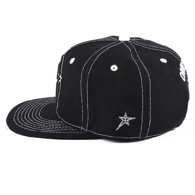 Black Flat Brim Snapback Cap with 3D Star Embroidery – Urban 6 Panel Hat