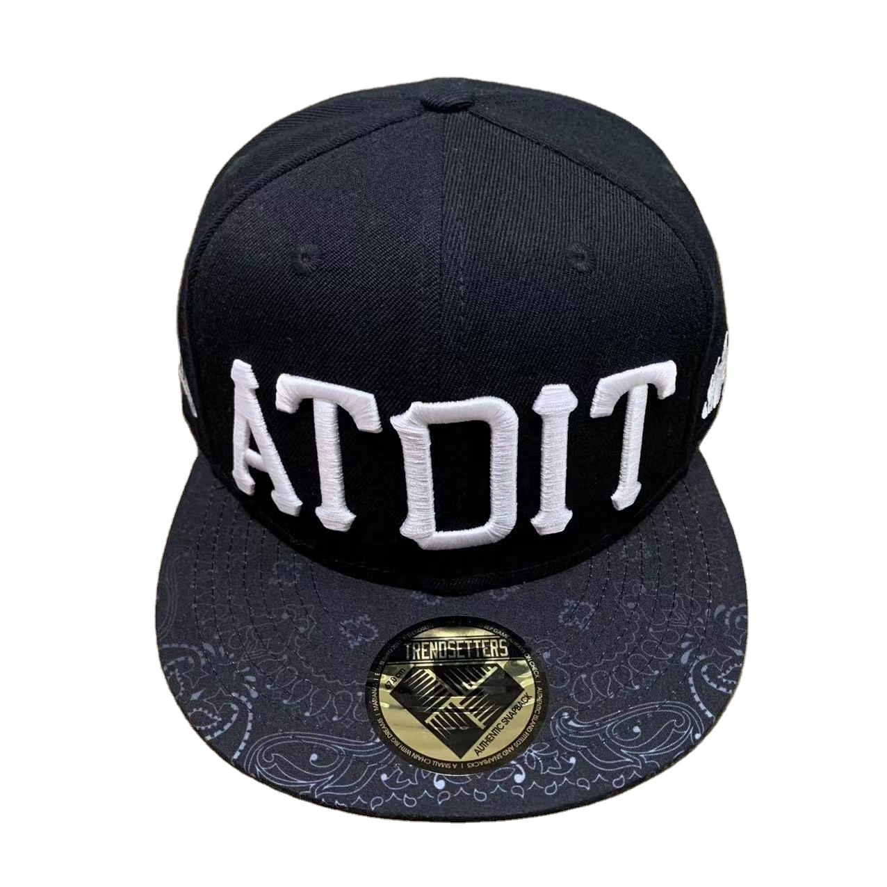 Black Snapback Hat with 3D Embroidered Lettering and Patterned Brim