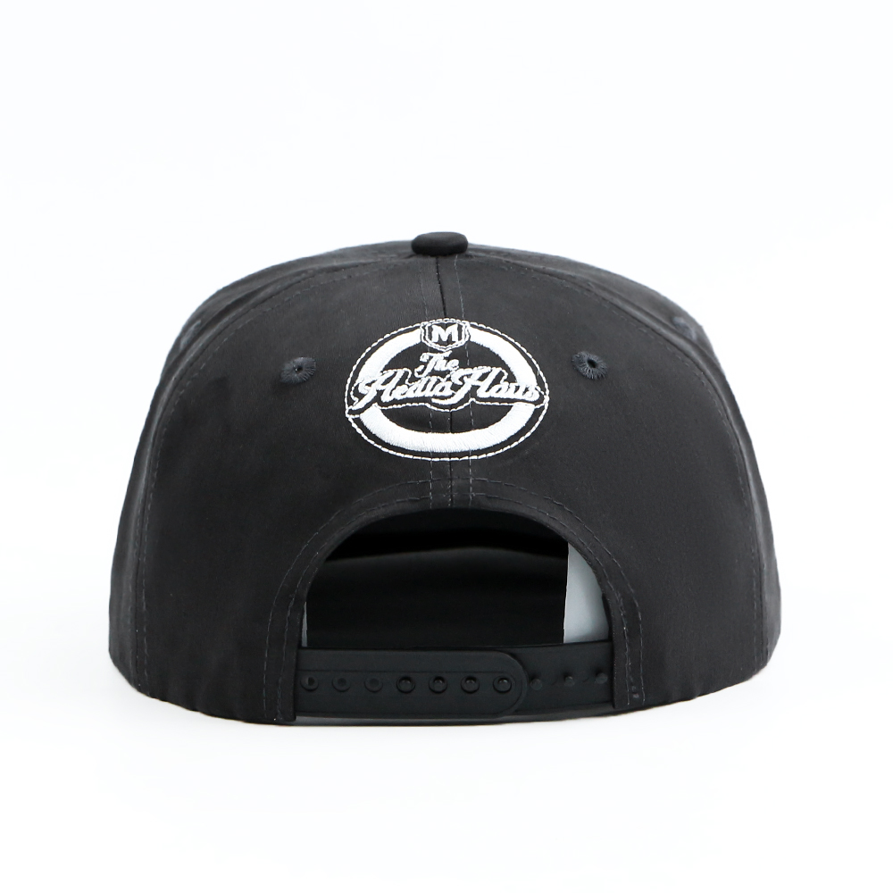 Black 6 Panel 3D Embroidered Flat Brim Snapback Cap with Bold Logo
