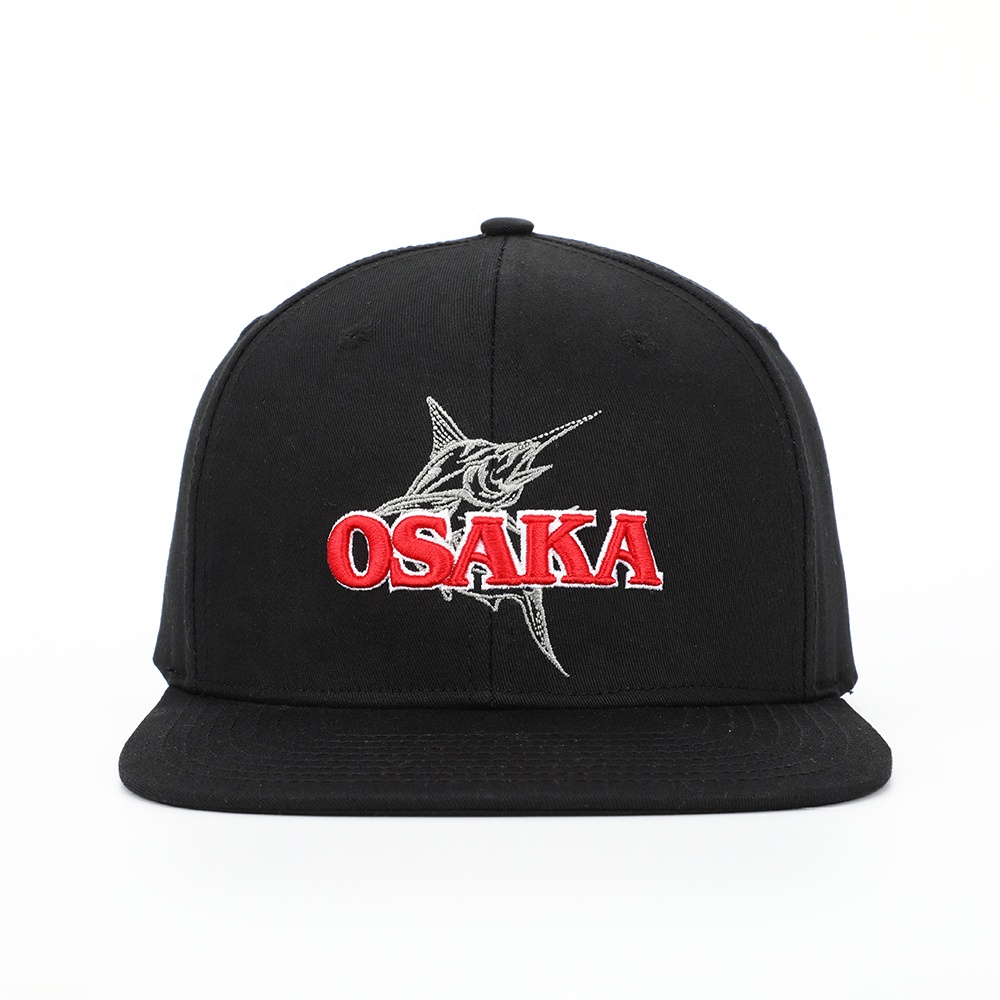 Black Snapback Cap with 3D Osaka Embroidery – 6 Panel Streetwear Hat