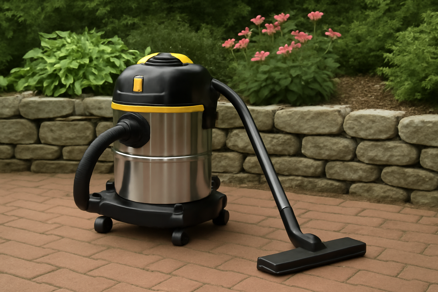 Stainless Steel Wet-Dry Vacuum Cleaner with Yellow and Black Highlights – Perfect for Outdoor Cleaning