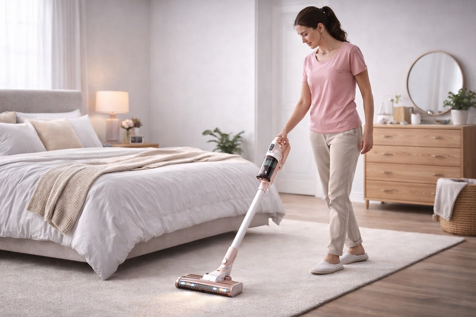 Quiet Cordless Vacuum Cleaner for Bedroom – Ergonomic & Powerful Carpet Cleaning with LED Brush