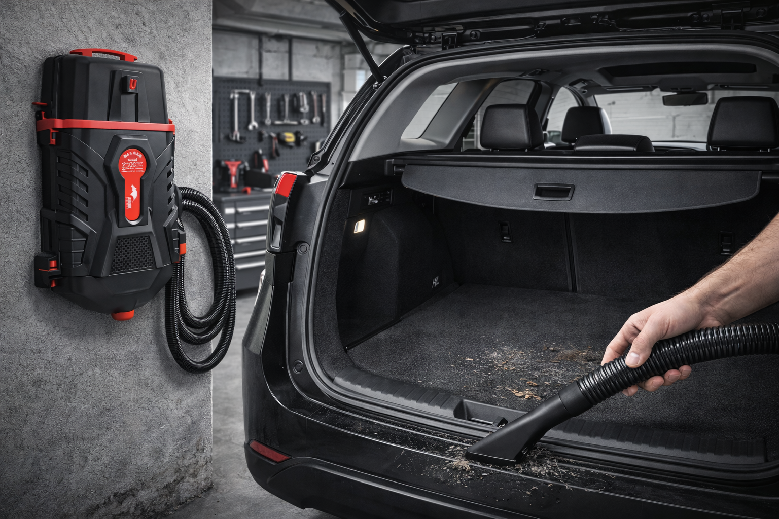 Wall Mounted Garage Vacuum System for Car Interior & Trunk Cleaning