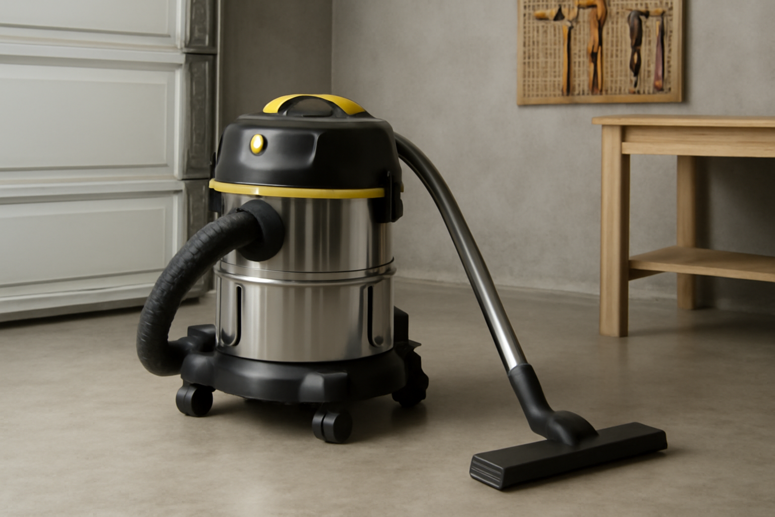 Stainless Steel Yellow and Black Wet-Dry Vacuum Cleaner – Perfect for Garage and Workshop Cleaning