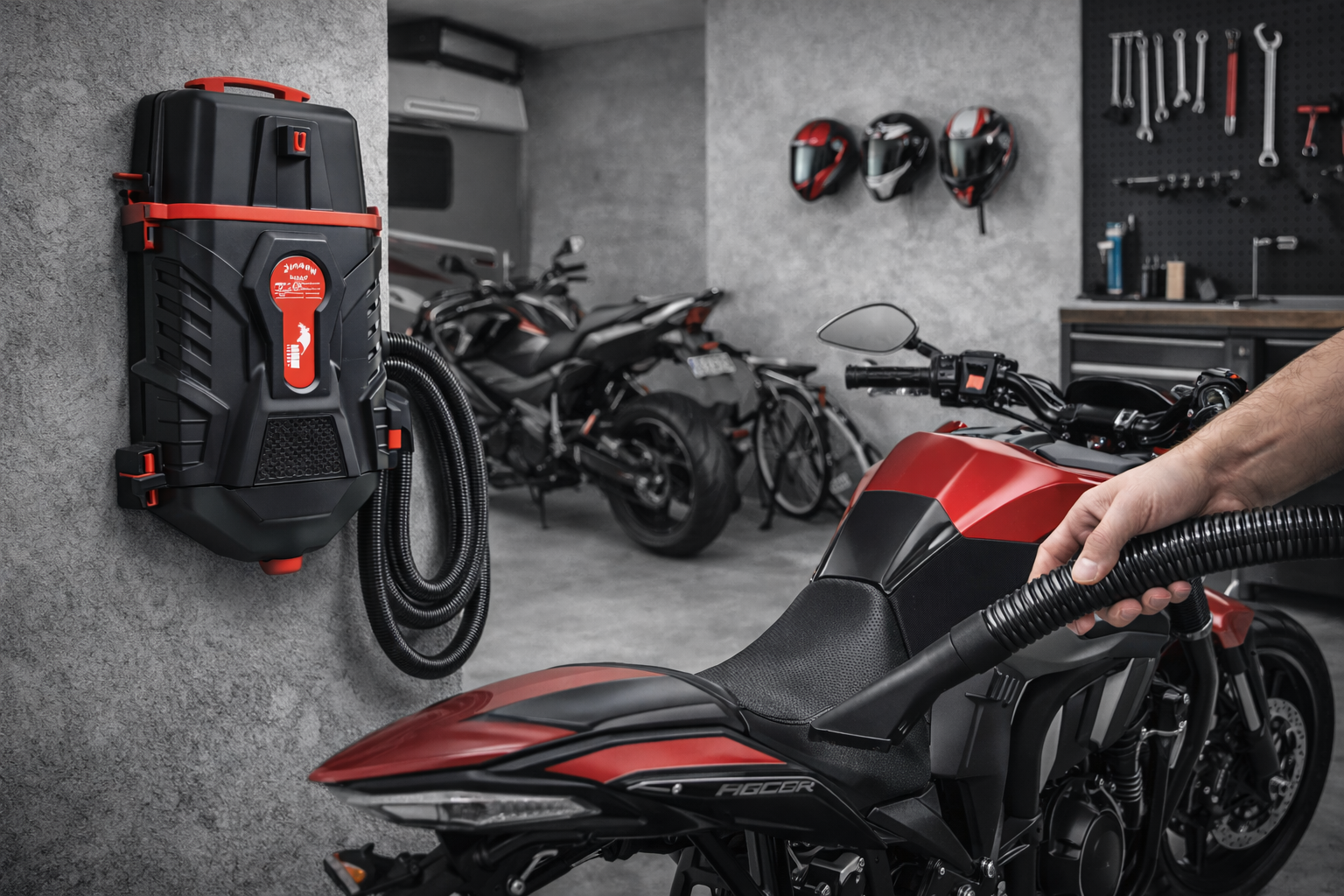 Wall Mounted Motorcycle Garage Vacuum System for Bike Cleaning