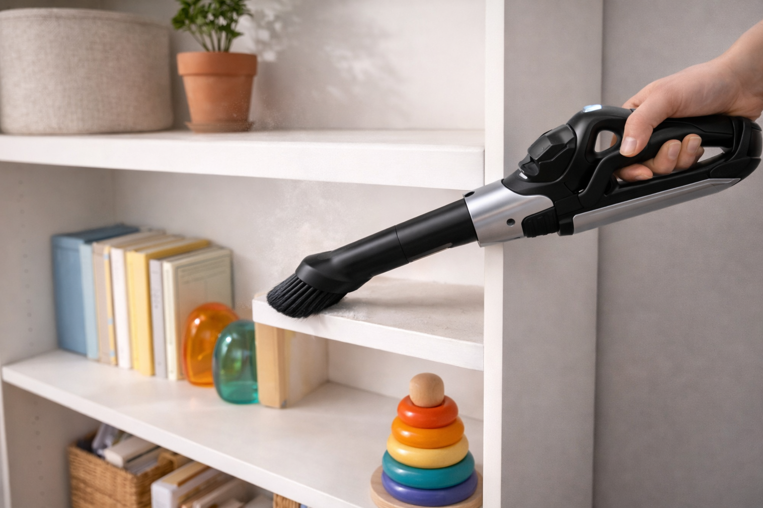 Cordless Handheld Vacuum Cleaner with Dust Brush for Desk, Shelf & Home Detail Cleaning