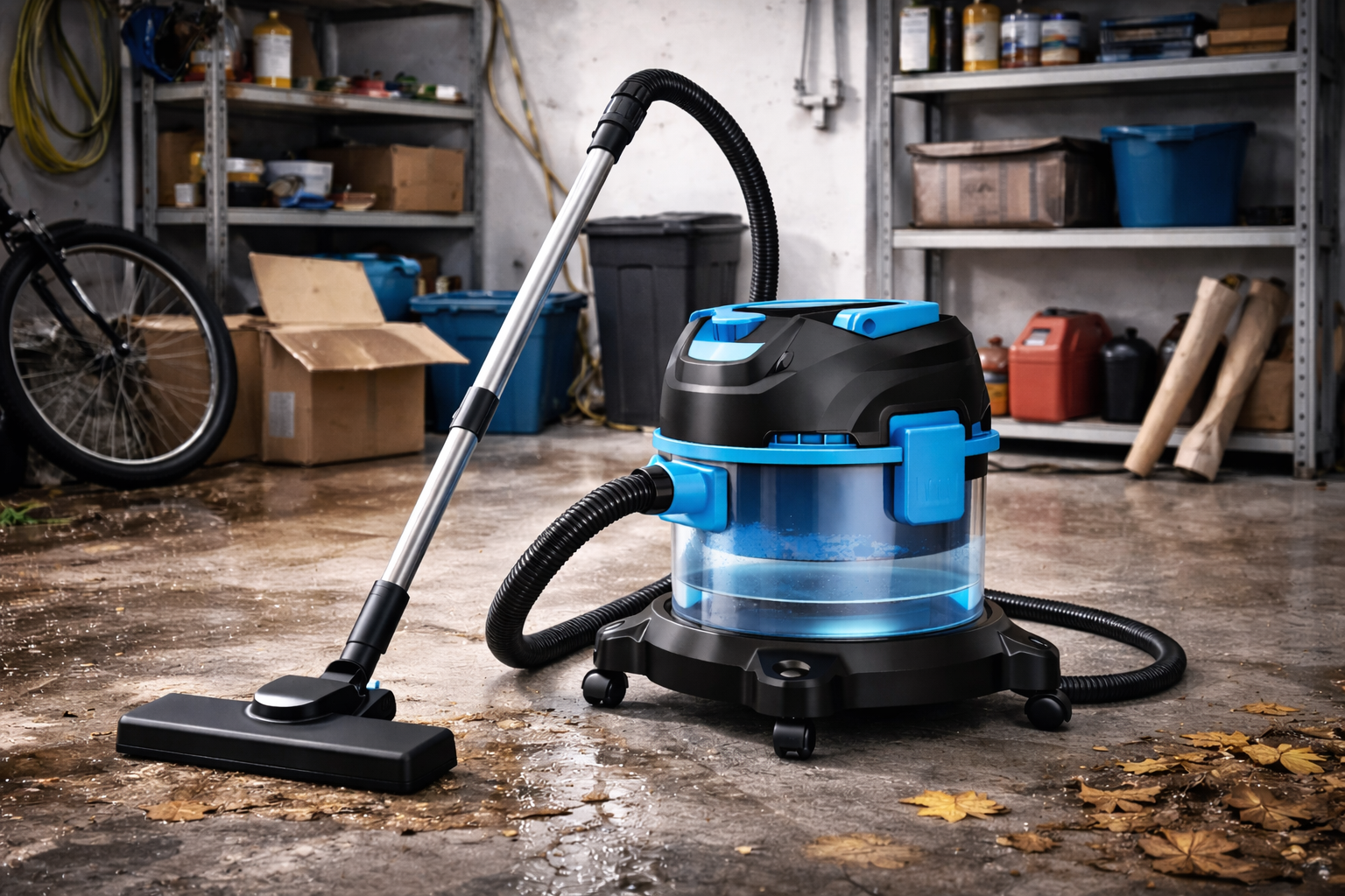 Powerful Wet & Dry Basement Vacuum Cleaner – Anti-Clog Suction for Leaves, Dirt, and Water on Concrete Floors