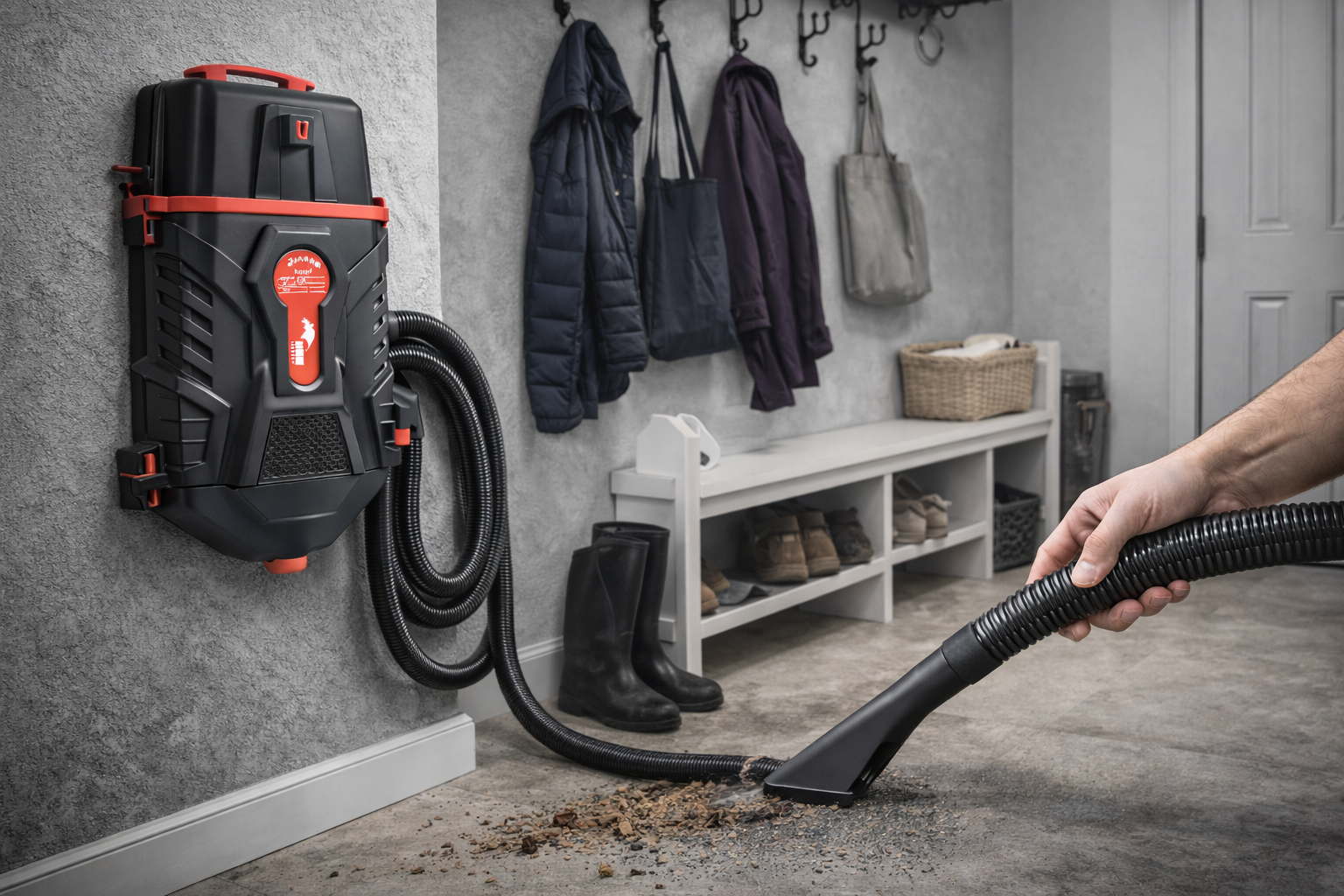 Wall Mounted Entryway Vacuum System for Mudroom & Shoe Area Cleaning
