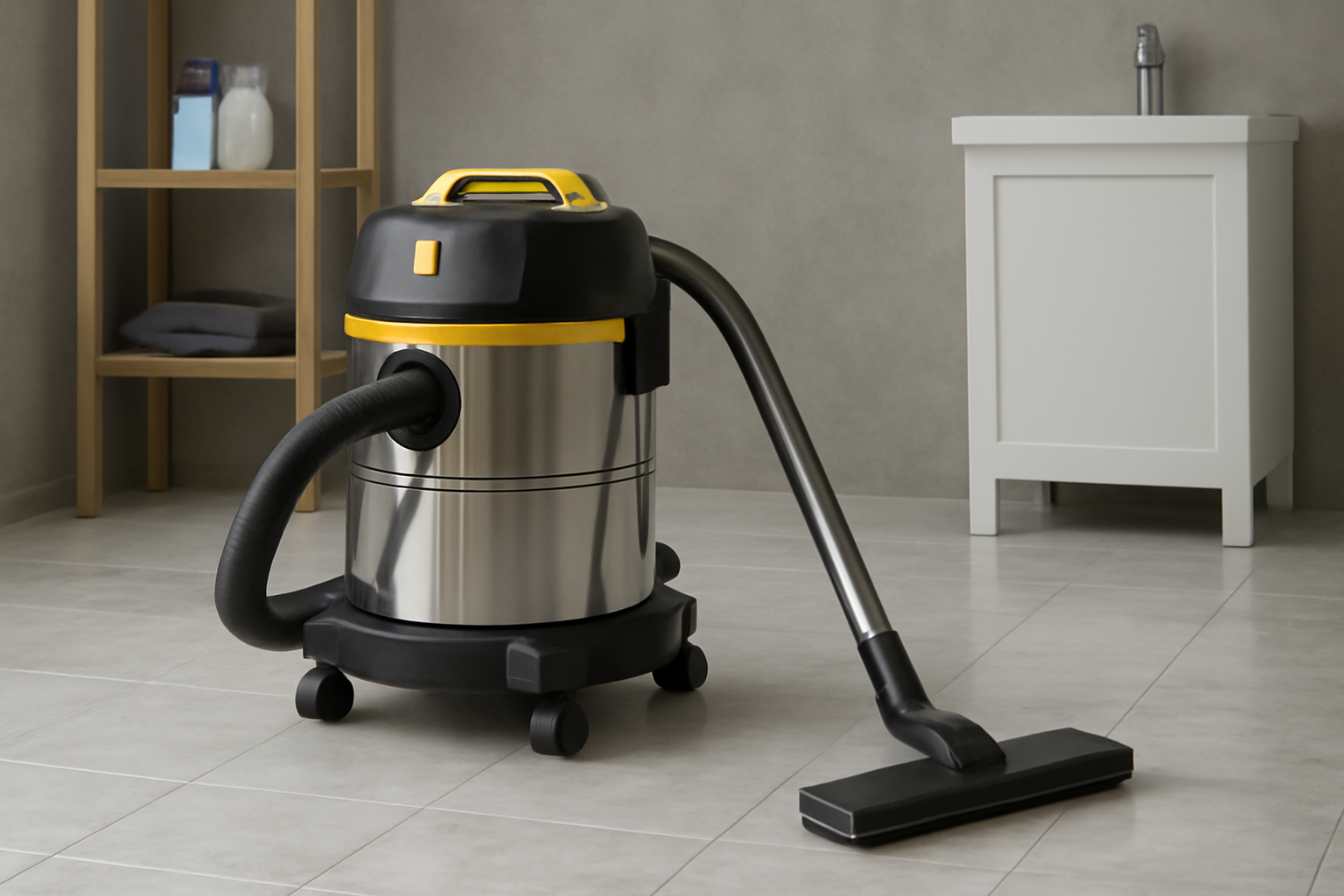 Stainless Steel Yellow and Black Wet-Dry Vacuum Cleaner – Ideal for Bathroom and Utility Room Cleaning