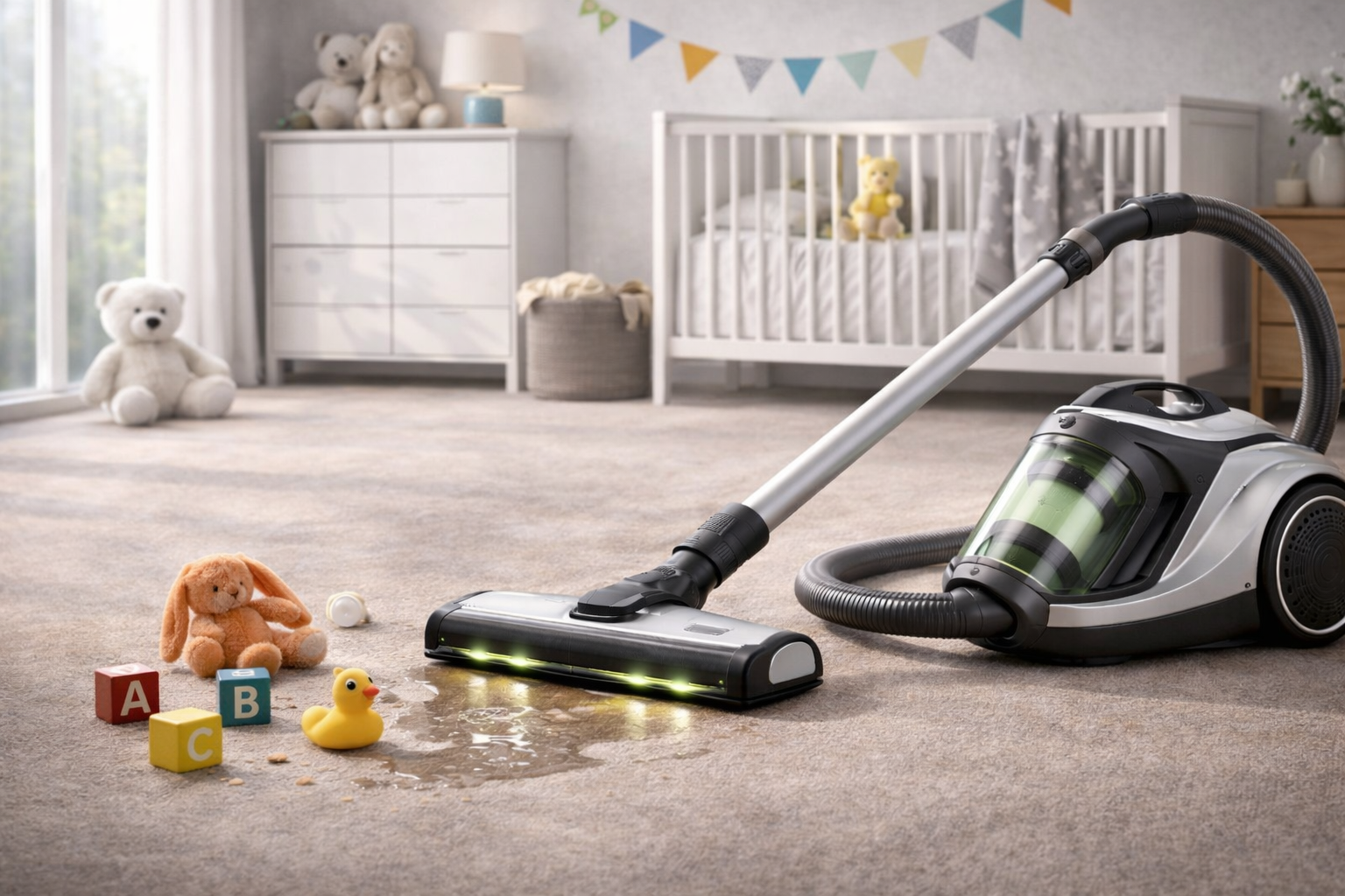 Quiet Nursery Wet & Dry Vacuum Cleaner with HEPA Filter – Baby-Safe Cleaning for Carpeted Floors