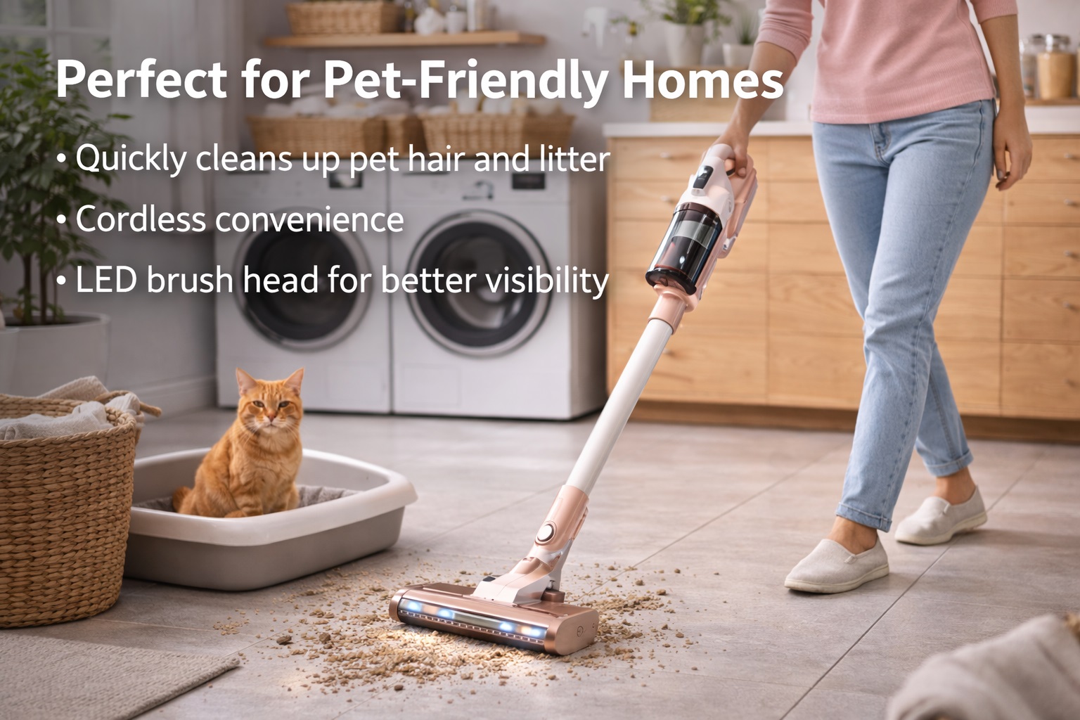 Cordless Vacuum for Cat Litter & Pet Hair – LED Brush & Quiet Cleaning for Pet Zones