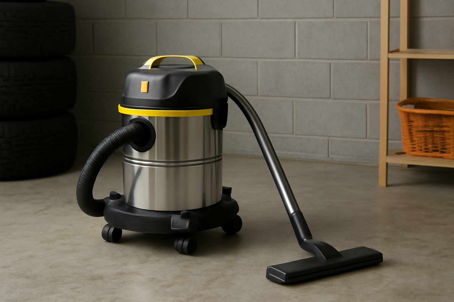 Stainless Steel Yellow and Black Wet-Dry Vacuum Cleaner – Ideal for Garage and Workshop Cleaning