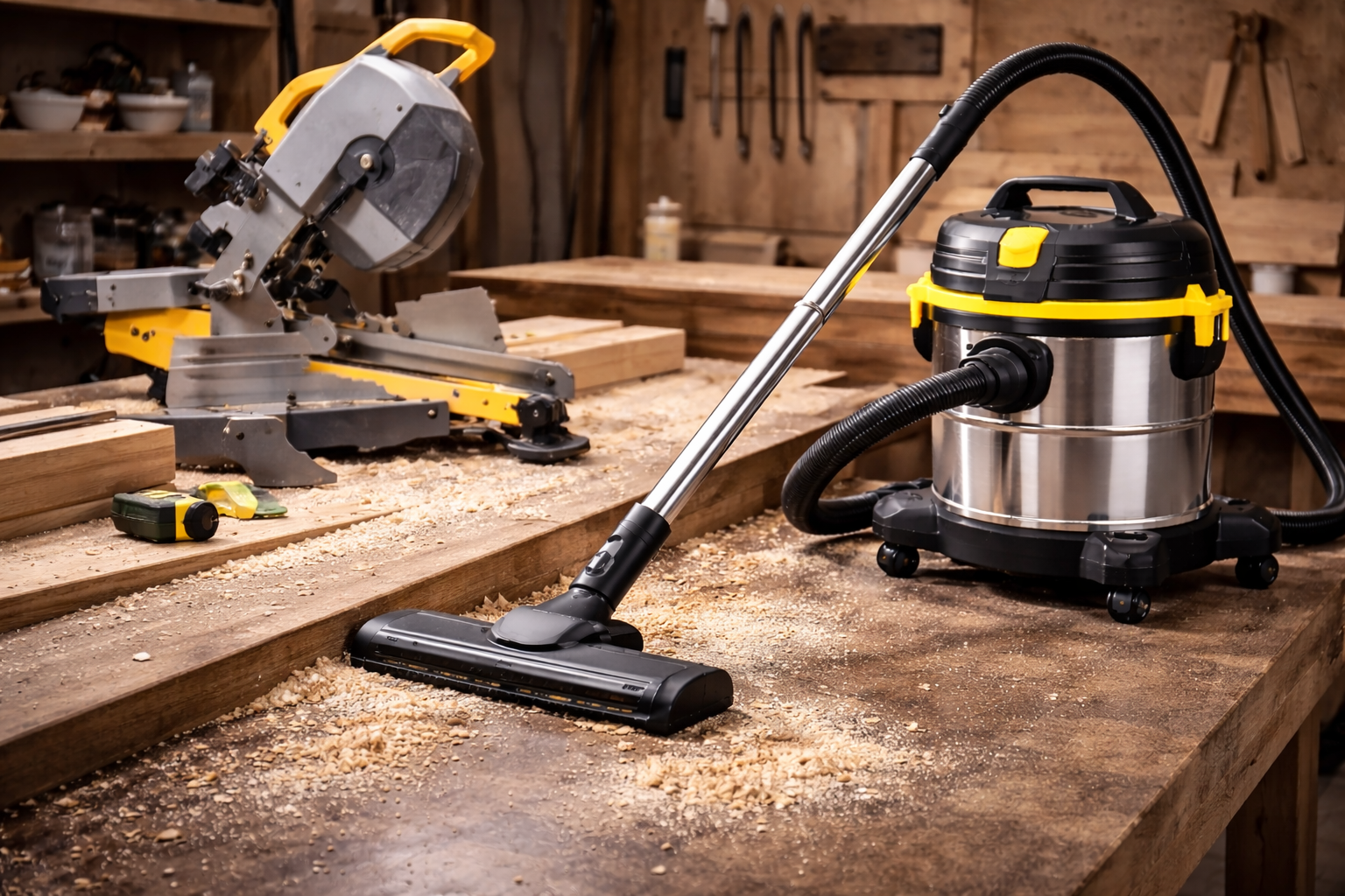 Professional Woodworking Shop Vacuum System for Sawdust and Workbench Cleaning
