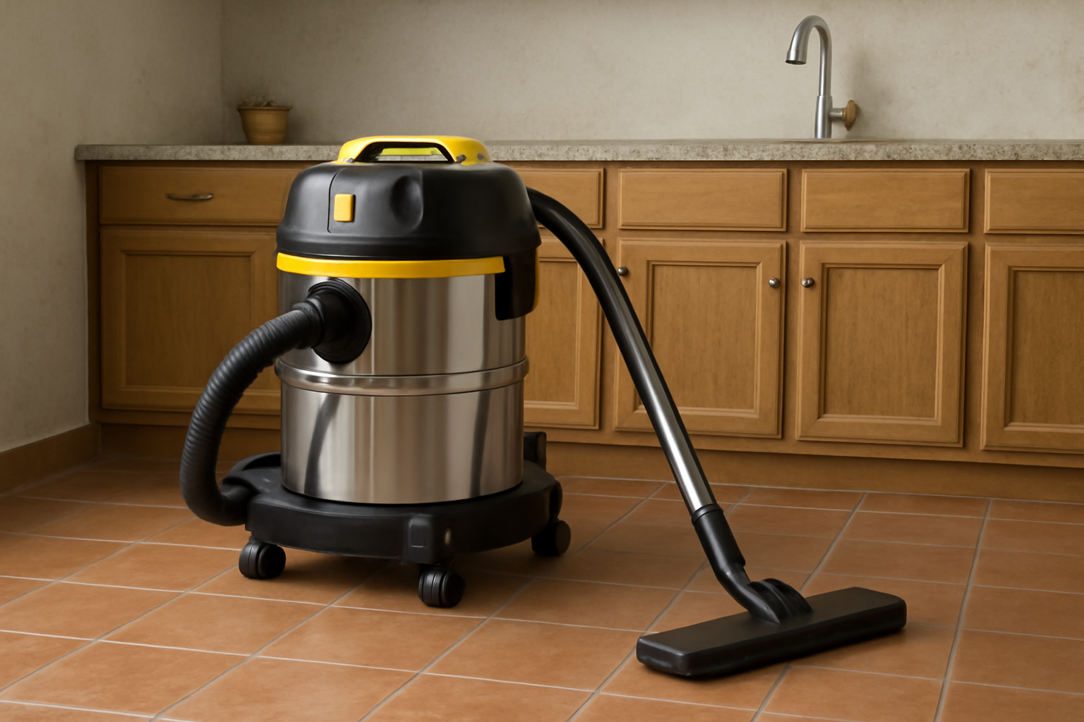 Stainless Steel Yellow and Black Wet-Dry Vacuum Cleaner – Ideal for Kitchen and Commercial Use