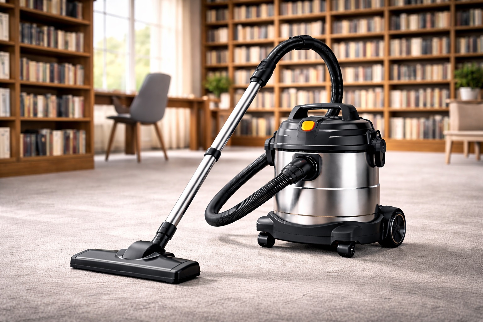 Quiet Barrel Vacuum Cleaner with Stainless Steel Design for Library and Office Use