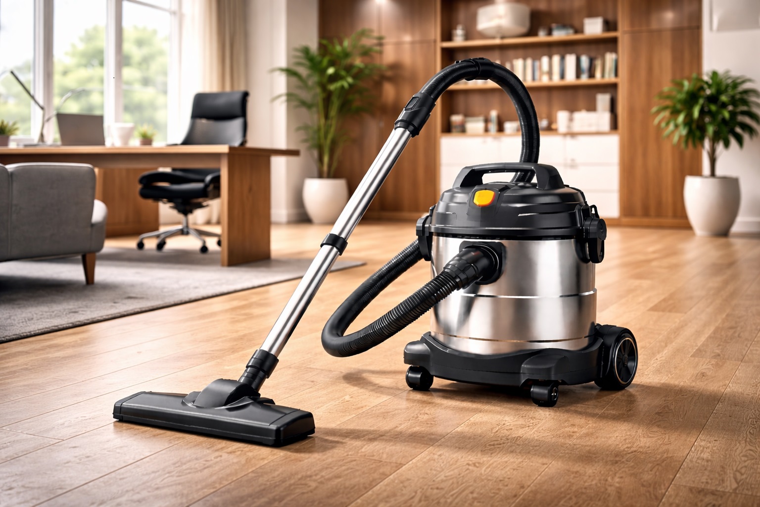 Compact Quiet Barrel Vacuum Cleaner with Stainless Steel Design for Modern Office Cleaning