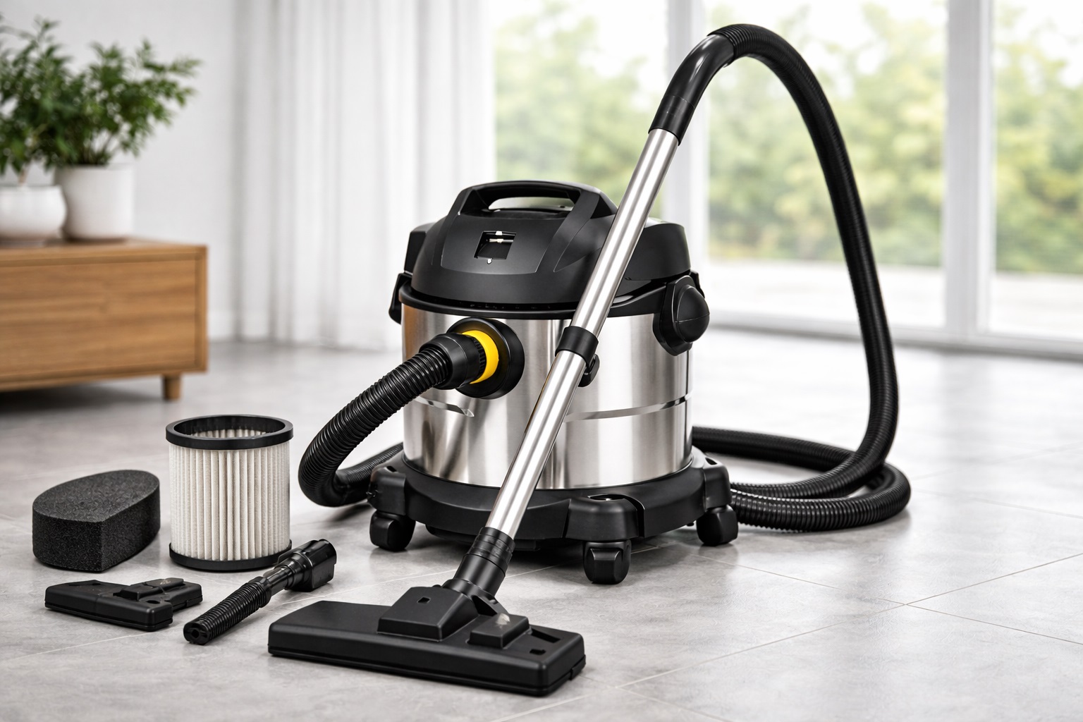 Stainless Steel Barrel Vacuum Cleaner with Pleated HEPA Filter and Accessories