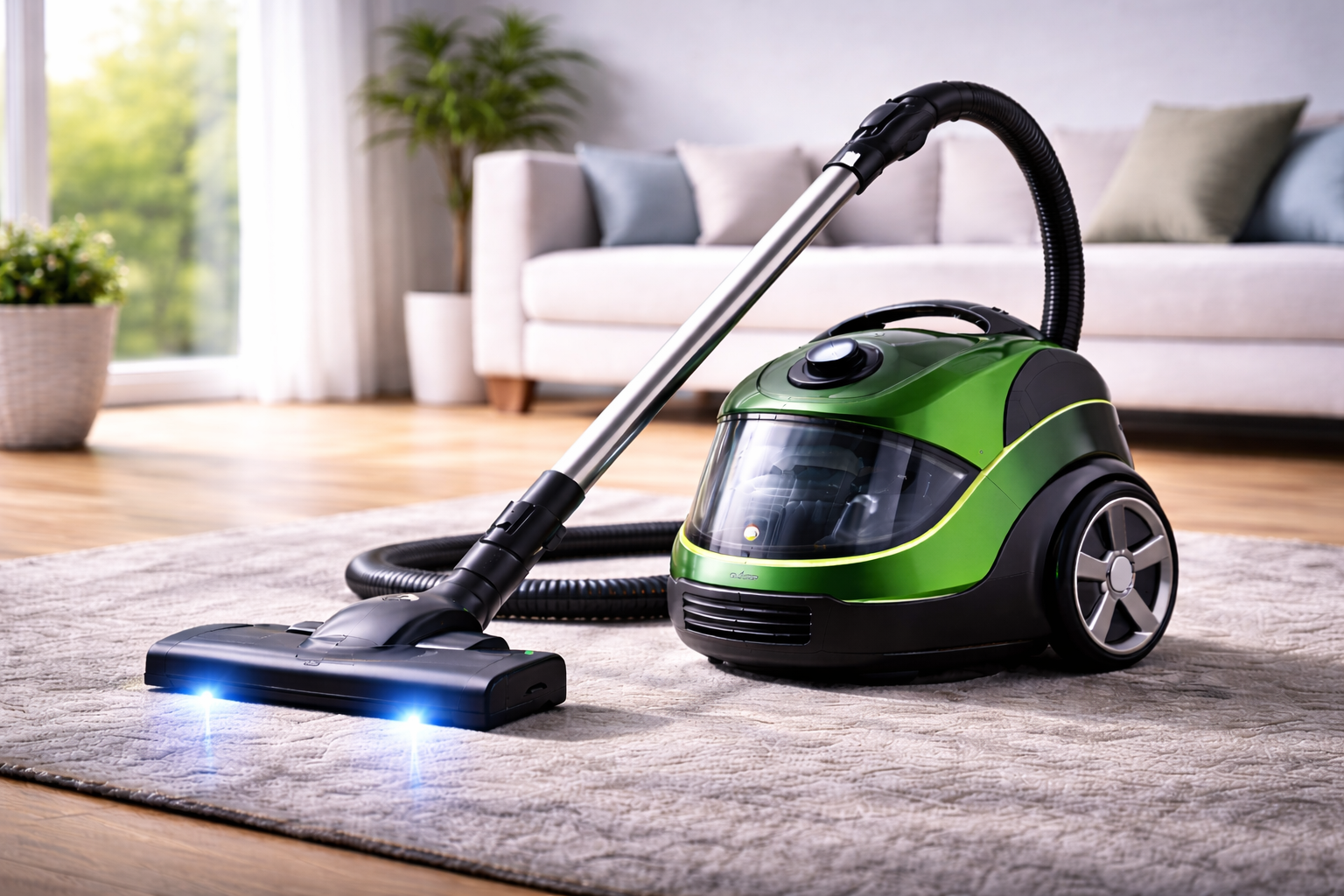 Green Canister Vacuum Cleaner with LED Head & Transparent Dustbin