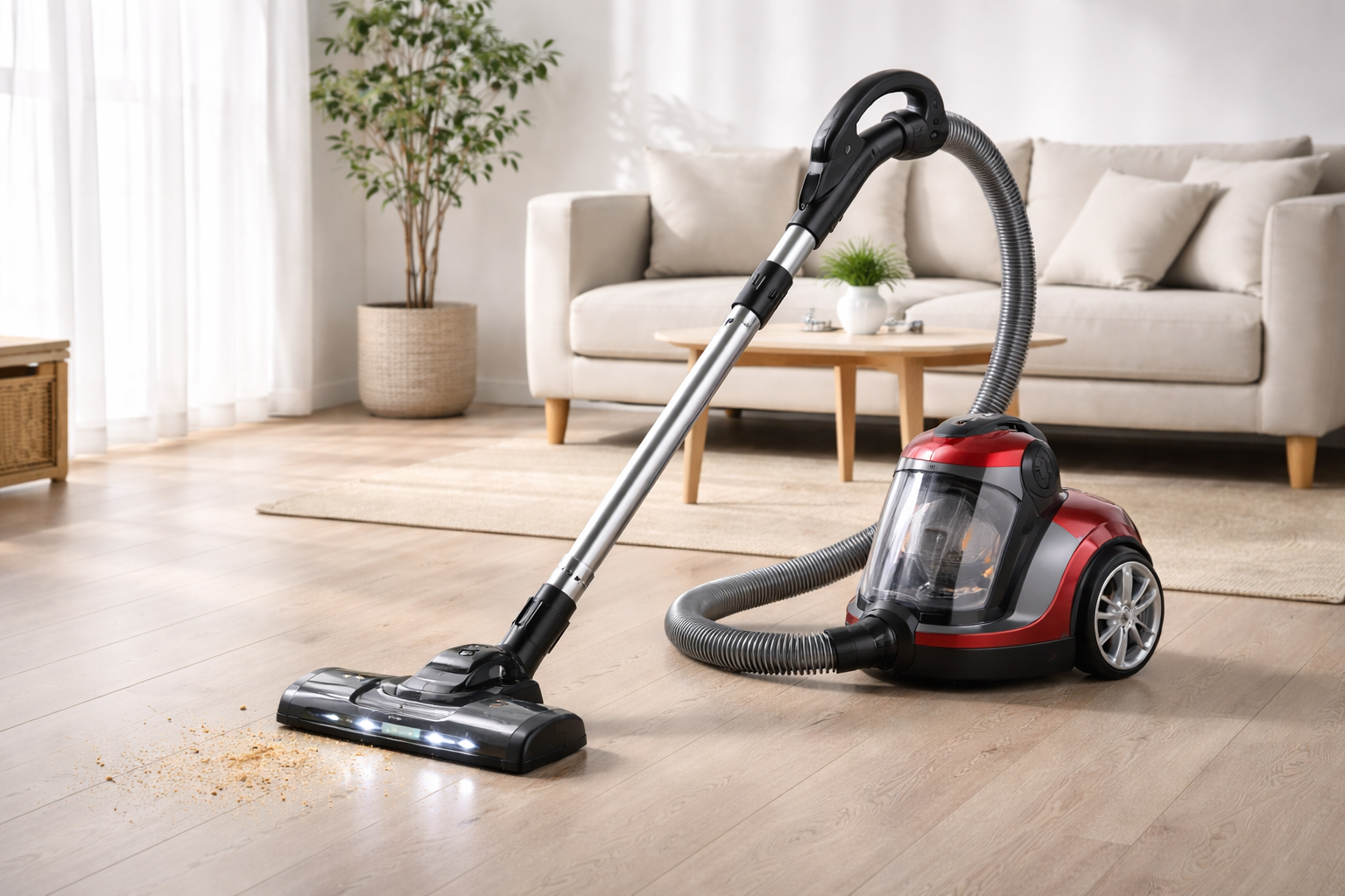 High-Suction Canister Vacuum Cleaner with HEPA Filter and LED Nozzle – Red