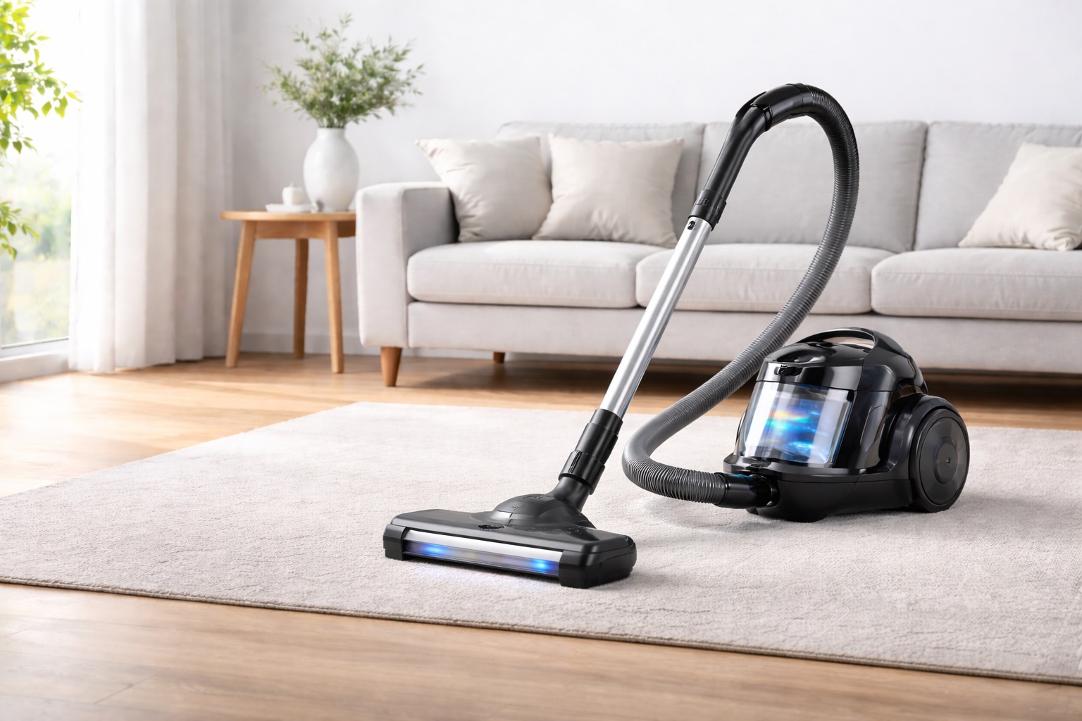High Power Canister Vacuum Cleaner with LED Floor Head and HEPA Filter for Home Use