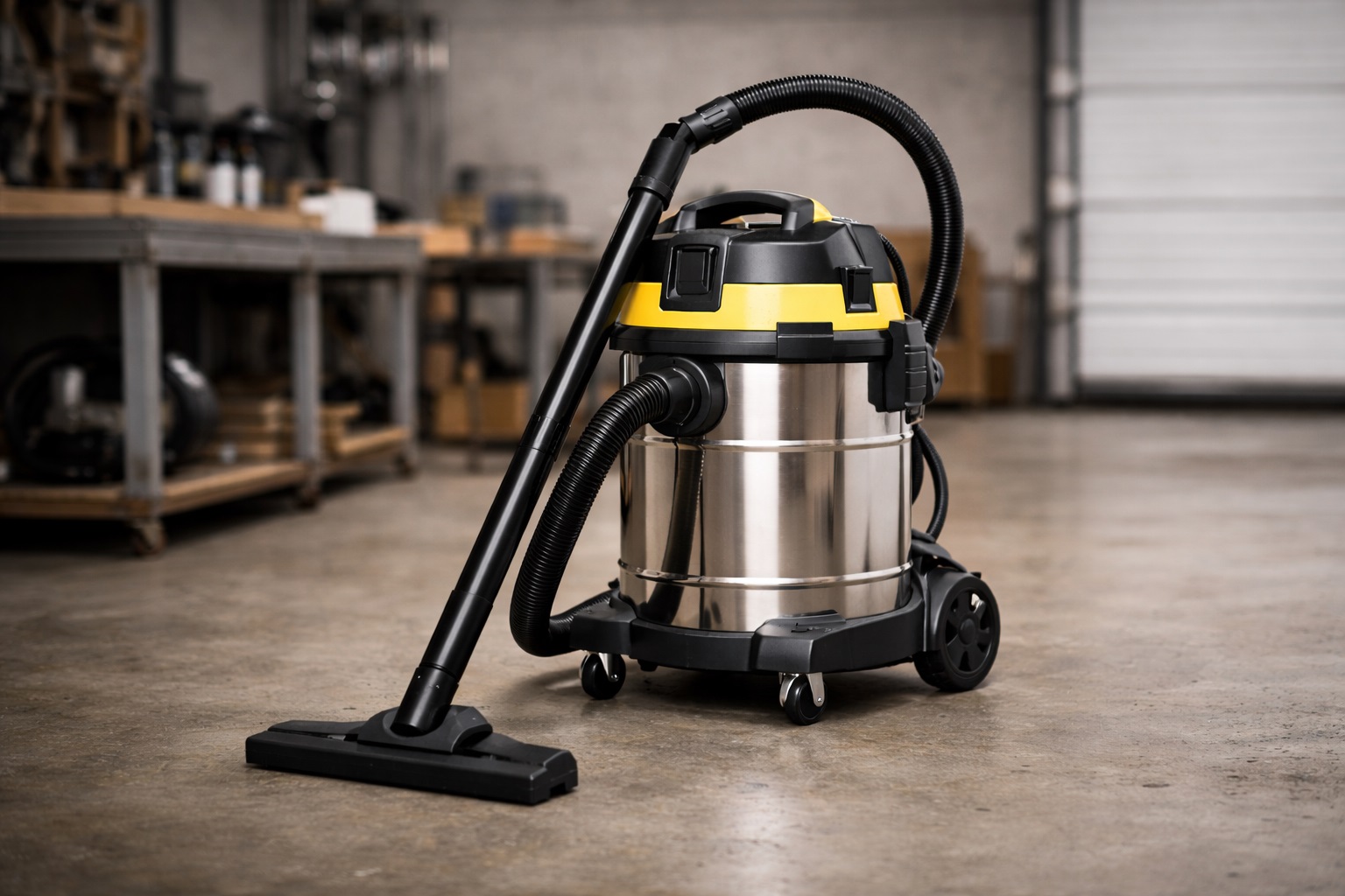 Industrial Stainless Steel Wet and Dry Vacuum Cleaner with Large Capacity Barrel and Wheels