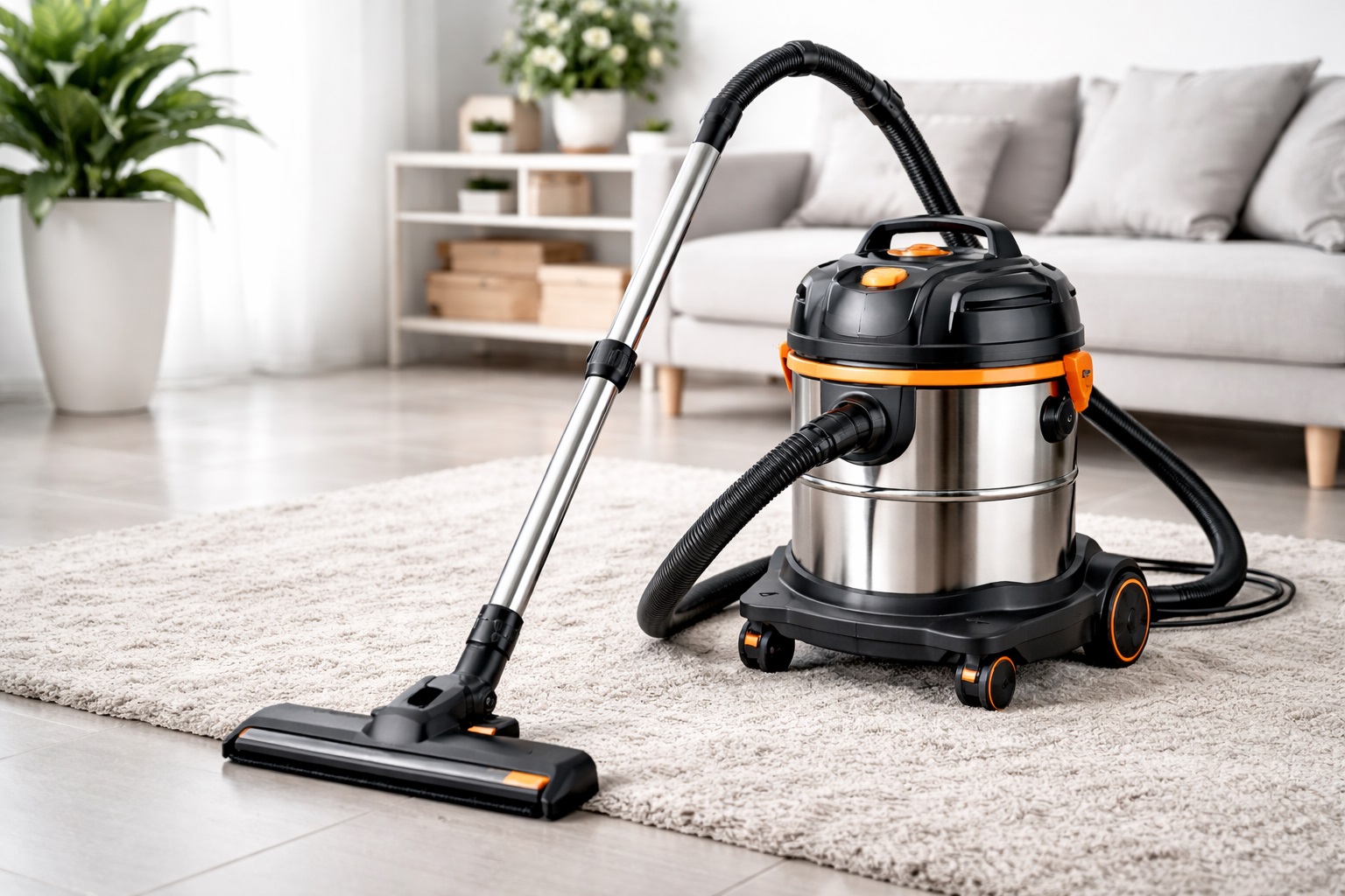 Wet and Dry Barrel Vacuum Cleaner with Stainless Steel Tank – Quiet and Powerful for Multi-Surface Cleaning
