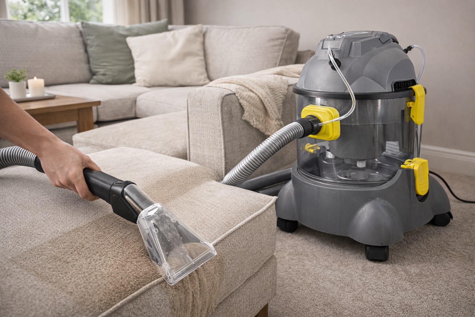Multi‑Purpose Upholstery and Carpet Cleaner Machine with Extraction Hose and Transparent Tank