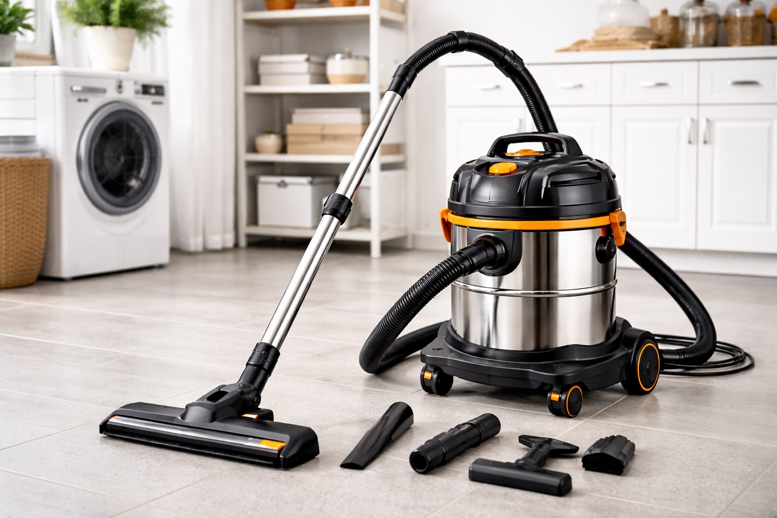 Wet and Dry Barrel Vacuum Cleaner with Full Accessories – Stainless Steel Tank, Quiet and Powerful