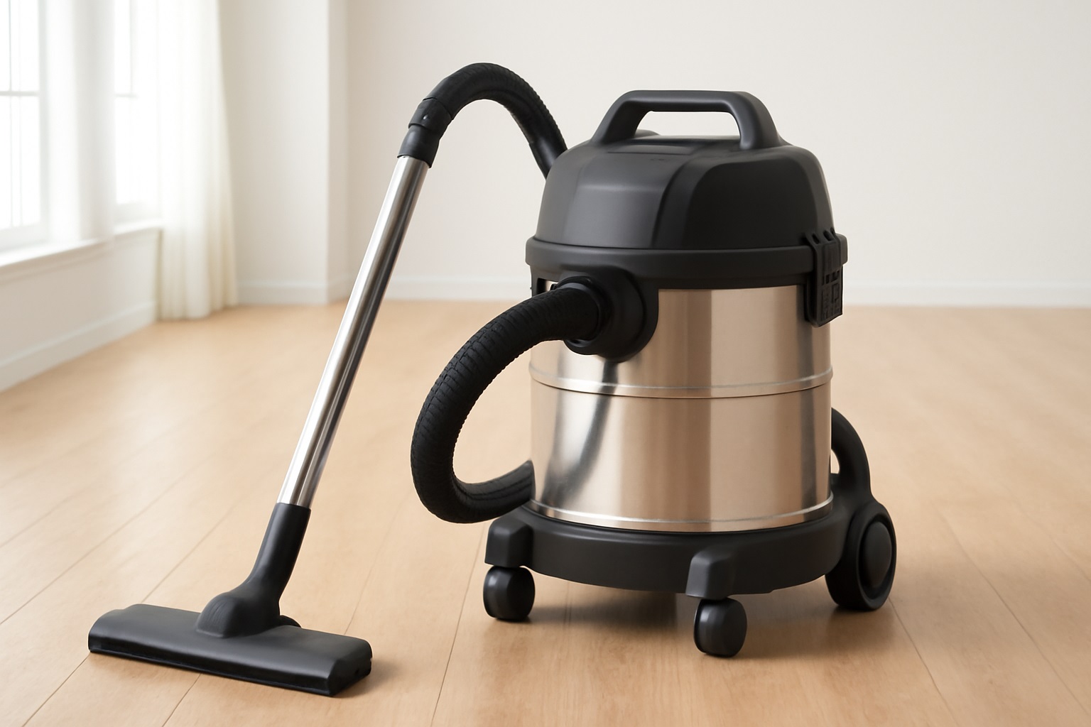 Compact Wet & Dry Barrel Vacuum Cleaner – Stainless Steel Industrial Drum with Telescopic Wand