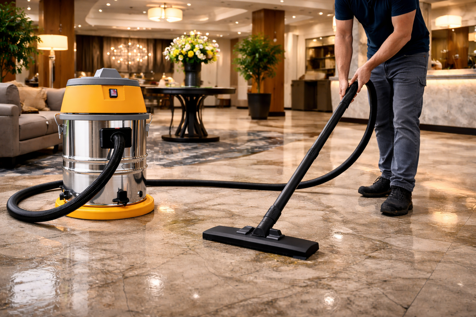 Commercial Wet and Dry Vacuum Cleaner for Hotel Lobbies – Stainless Steel Canister for Polished Floors