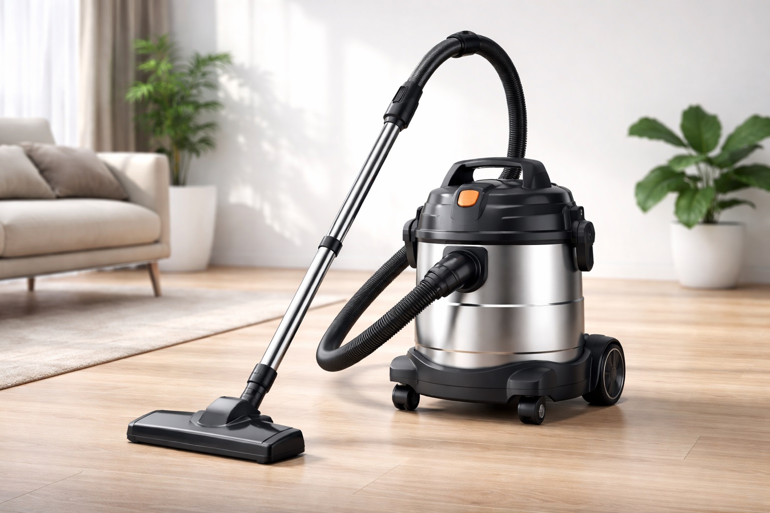 Sleek Barrel Vacuum Cleaner with Stainless Steel Design and Large Wheels