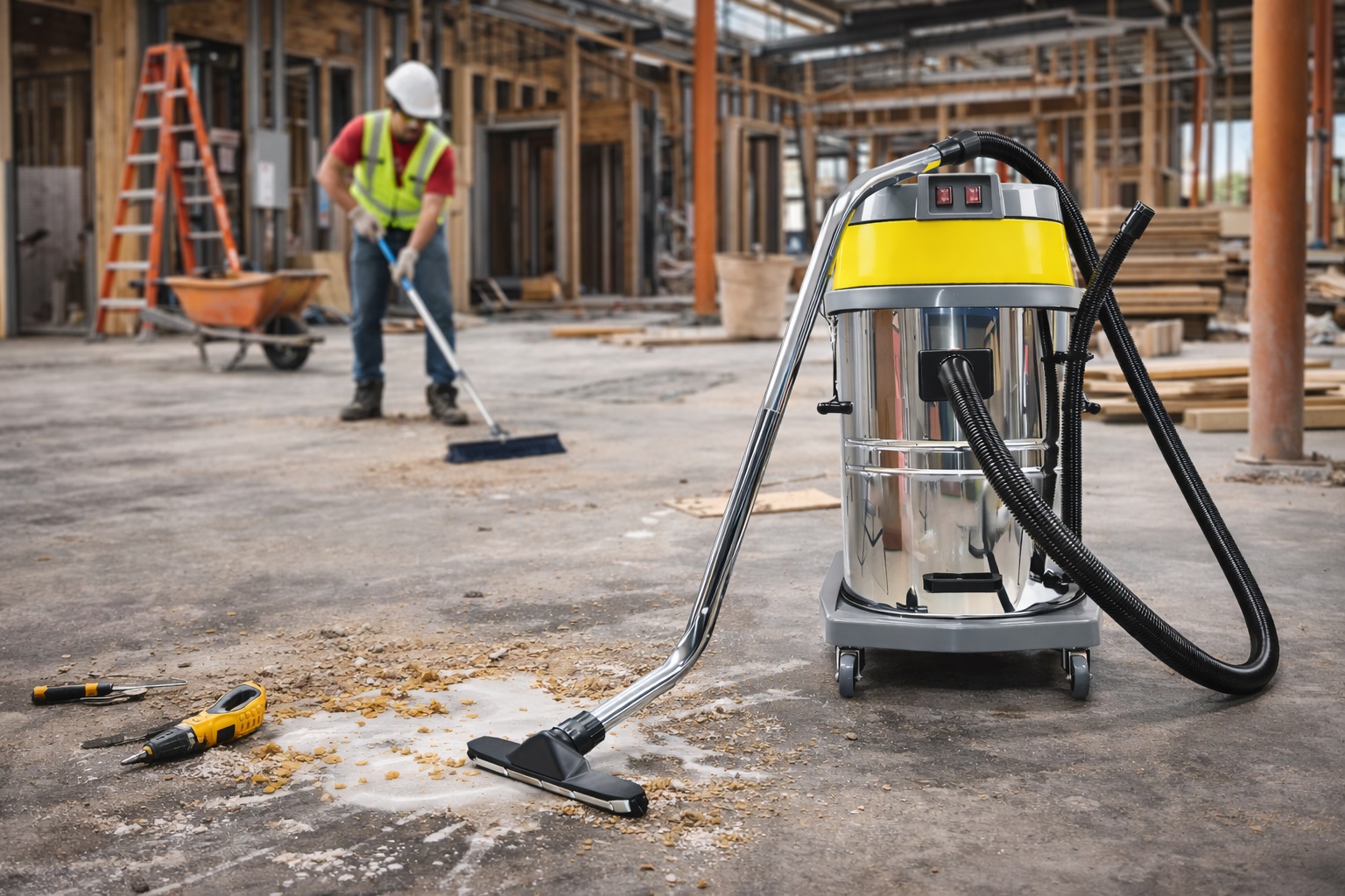 Construction Site Wet Dry Vacuum Cleaner Stainless Steel Industrial Builder Cleanup Vacuum