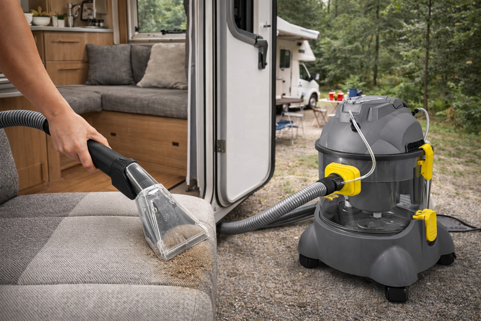 Portable Upholstery and Carpet Cleaner for RV and Camper Interiors with Spray Extraction