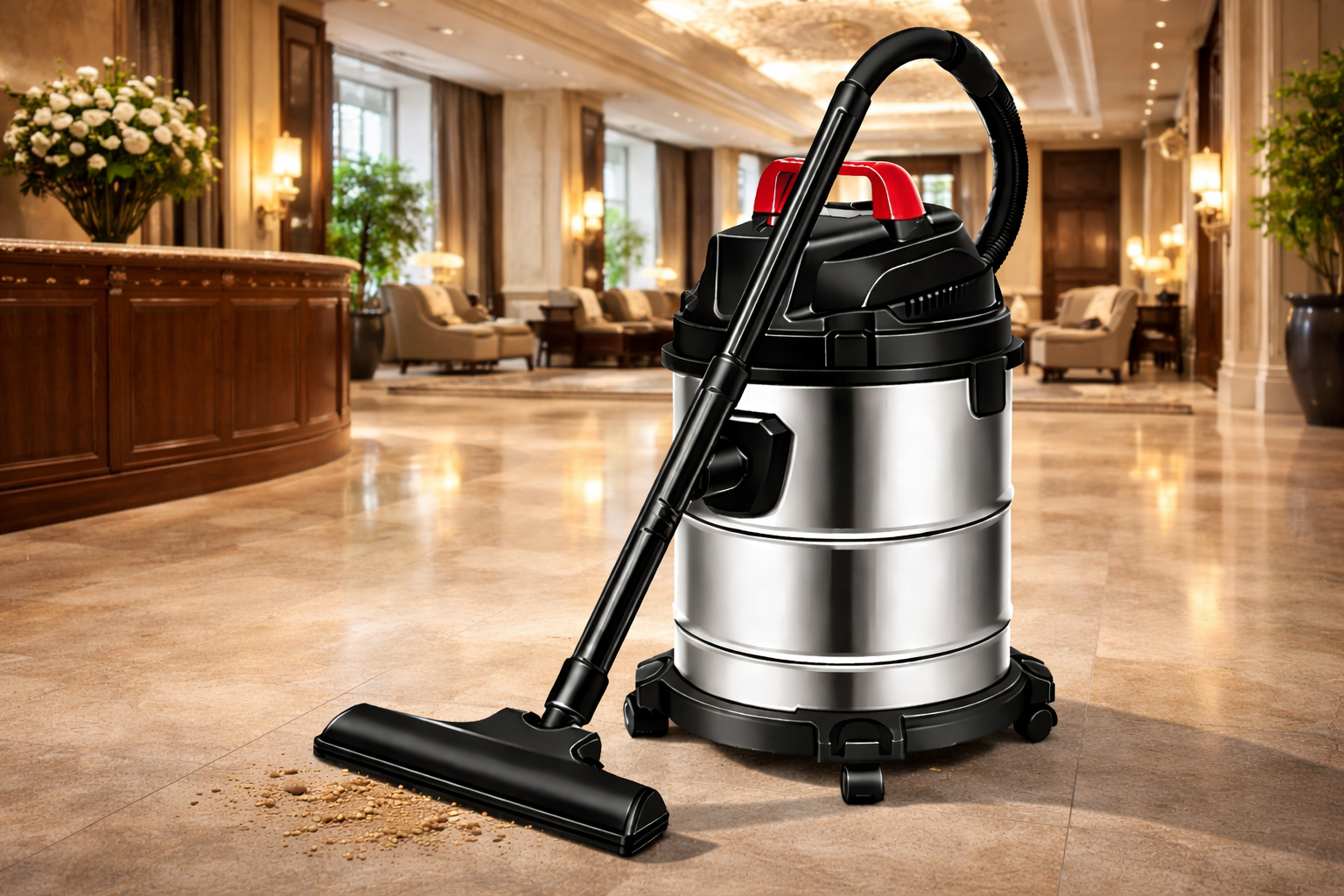 Commercial Stainless Steel Wet & Dry Vacuum Cleaner – Silent & Efficient for Hotel Lobby & Reception Areas