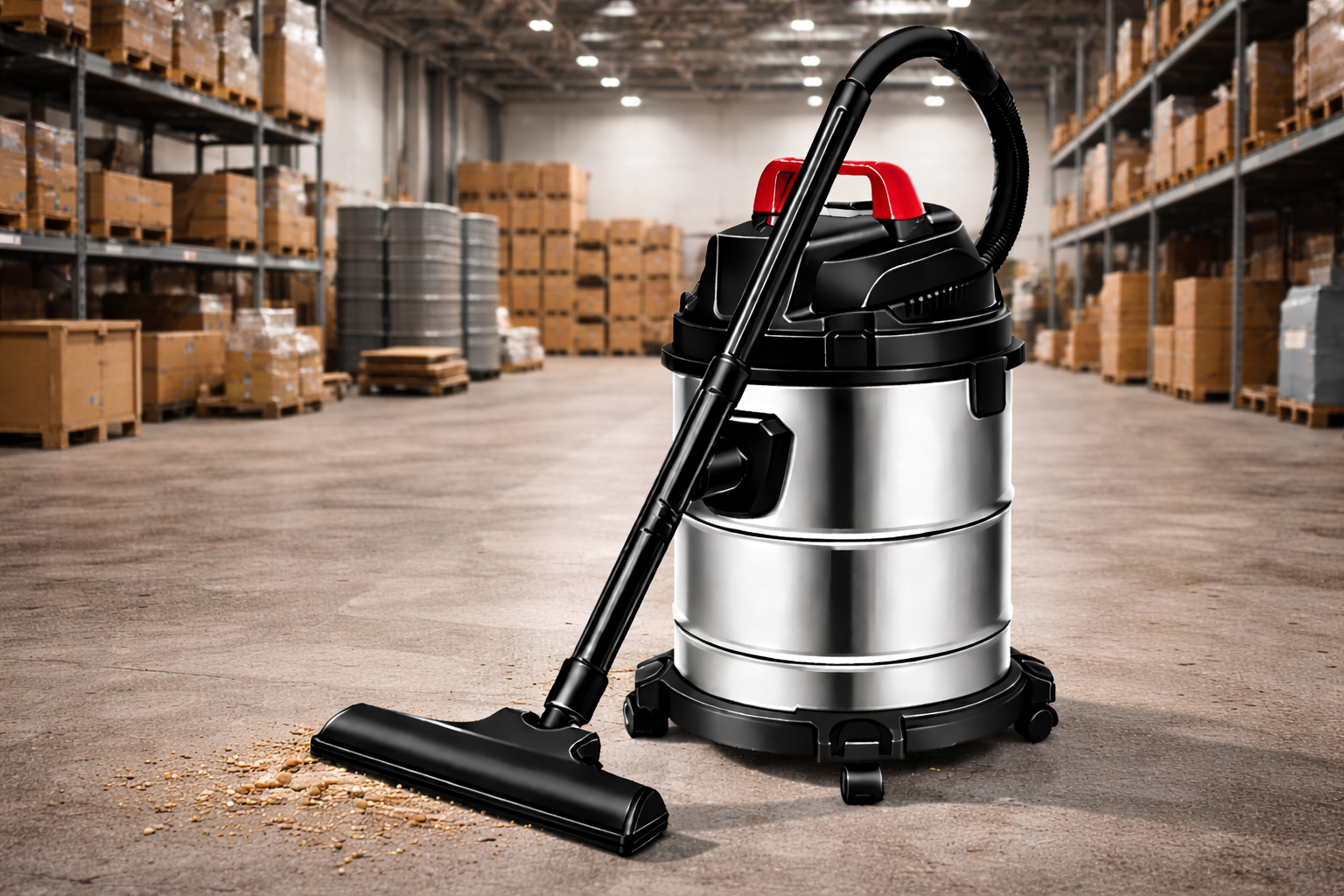 Industrial Warehouse Stainless Steel Wet & Dry Vacuum Cleaner – High Capacity for Logistics & Storage Facilities
