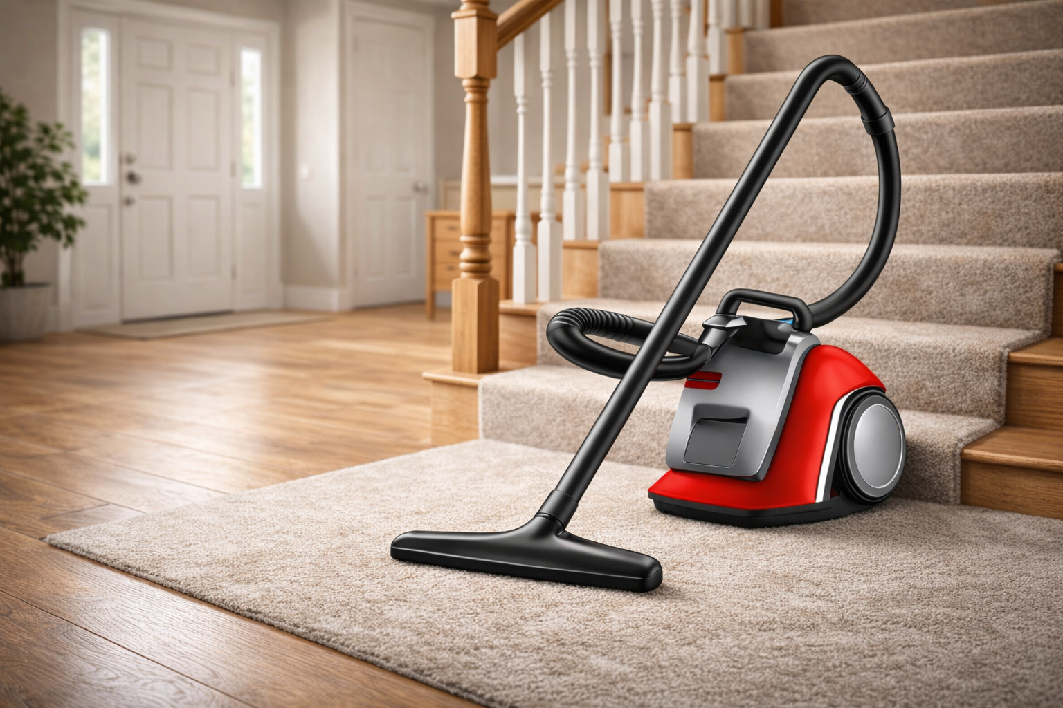Red & Black Canister Vacuum Cleaner with Stair Cleaning Attachment
