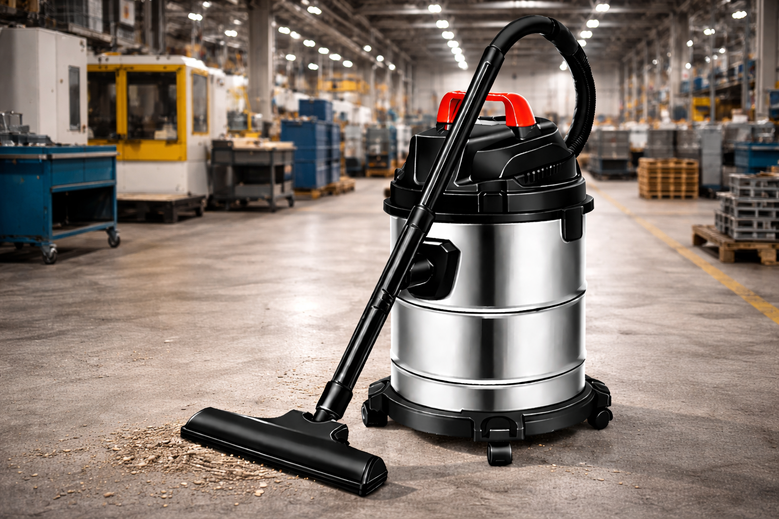Heavy-Duty Industrial Wet & Dry Vacuum Cleaner – Stainless Steel for Manufacturing Workshops