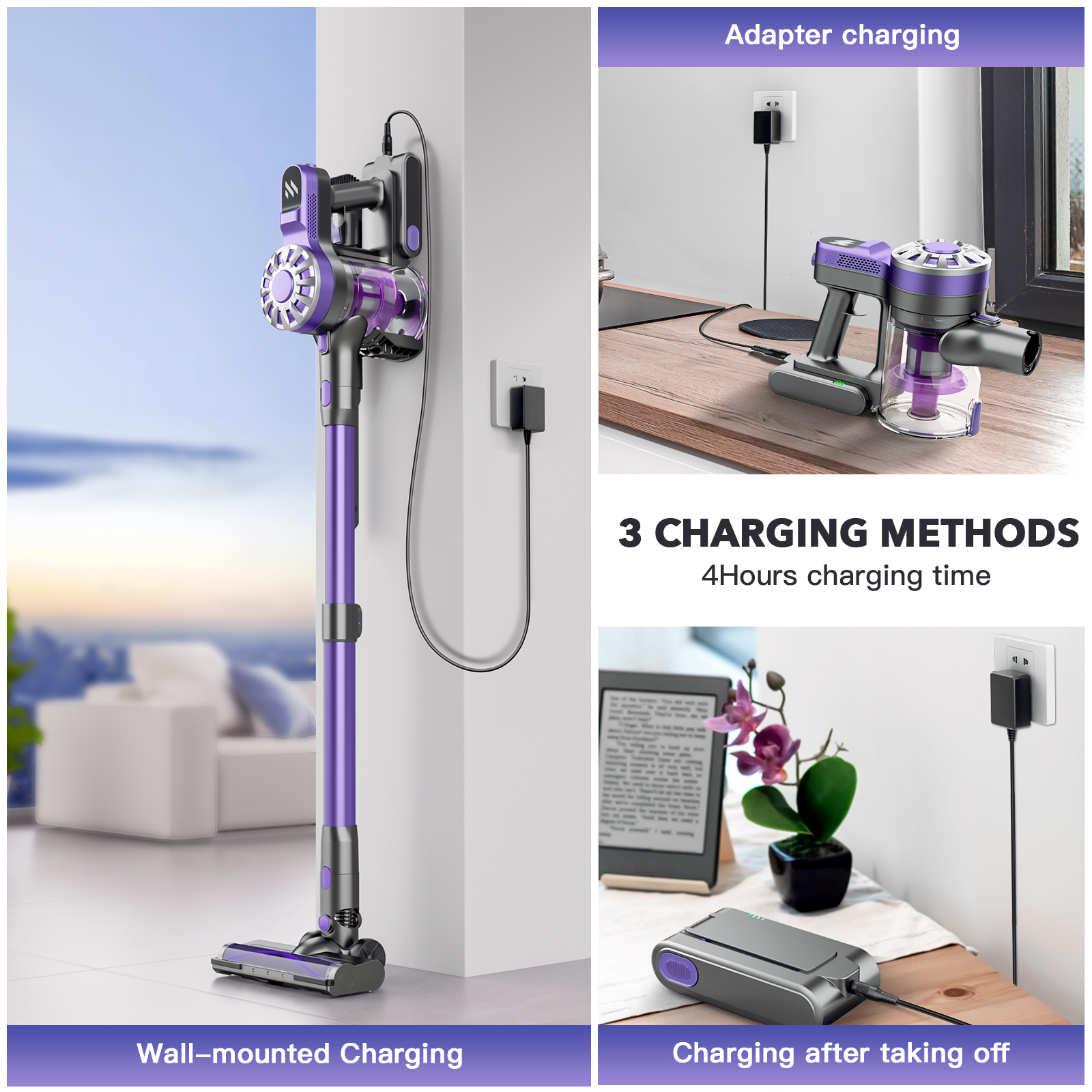 LX-VC-P-Cordless Handheld Vacuum Cleaner, 12kPa Power, Multi-Purpose, LED, Wall-Mount, Purple