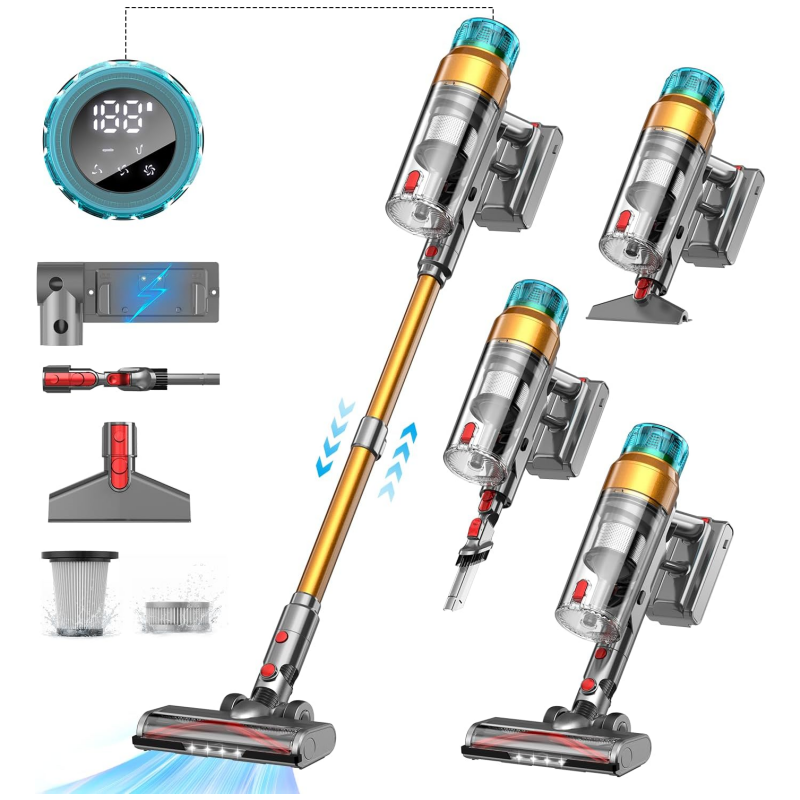 Smart Cordless Stick Vacuum Cleaner with LED Display – Powerful 3-Speed Suction, Wall Mount Charging, and Multi-Brush Accessories